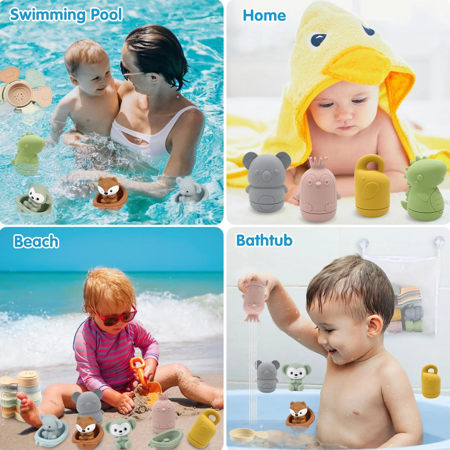 Jouets de Bain pour Bébé avec Jouets à Presser Sensoriels, Marionnettes à Doigts, Bateaux Empilables et Cuillère