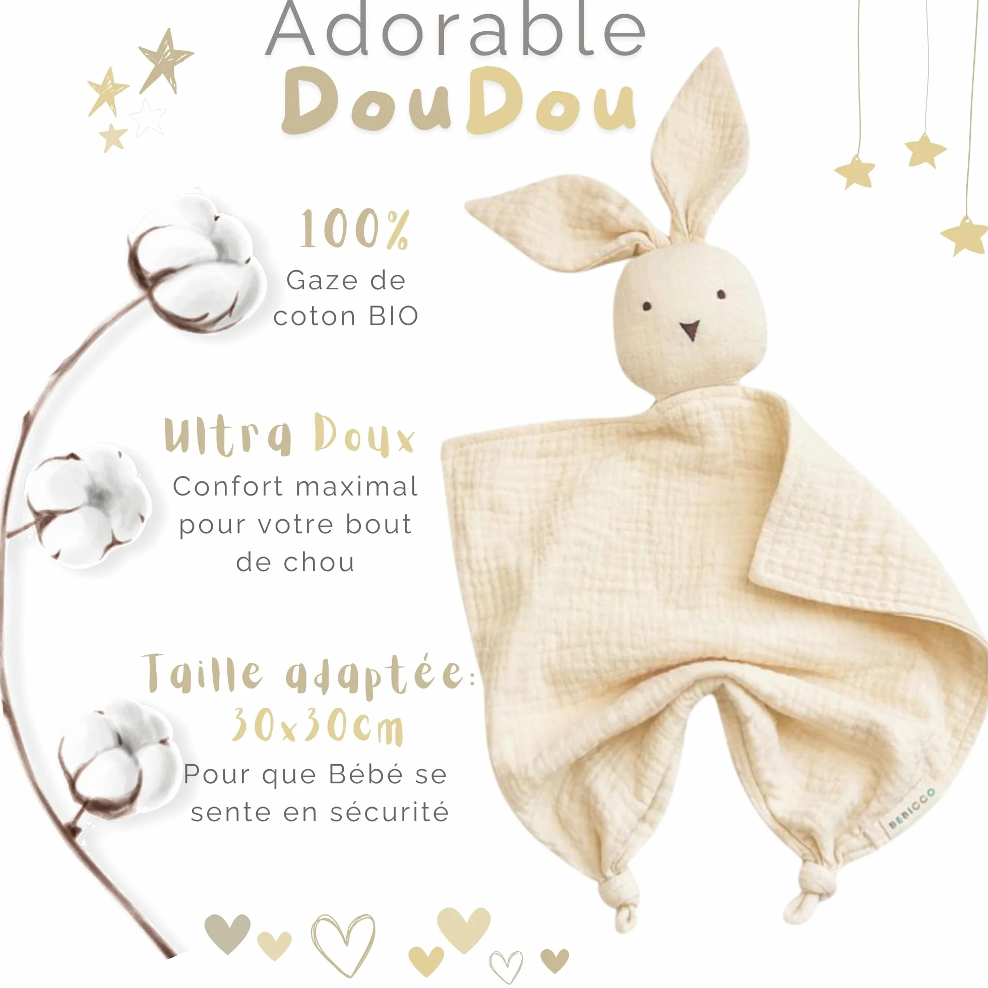 Doudou Lapin en Coton Bio 30x30 cm Cadeau Naissance Écru