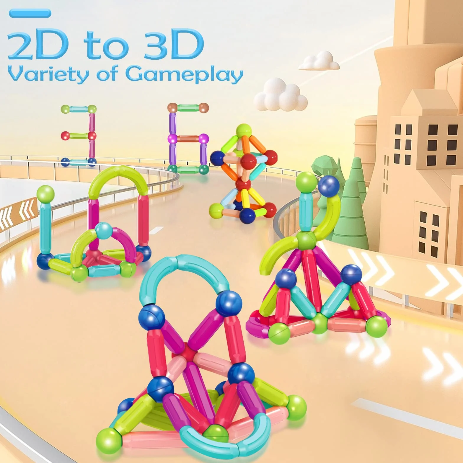 Bloc Construction Magnétique Enfant 64 Pièces Jeux Construction Magnétique 3D Jouets Magnétiques Cadeau Garçons Filles