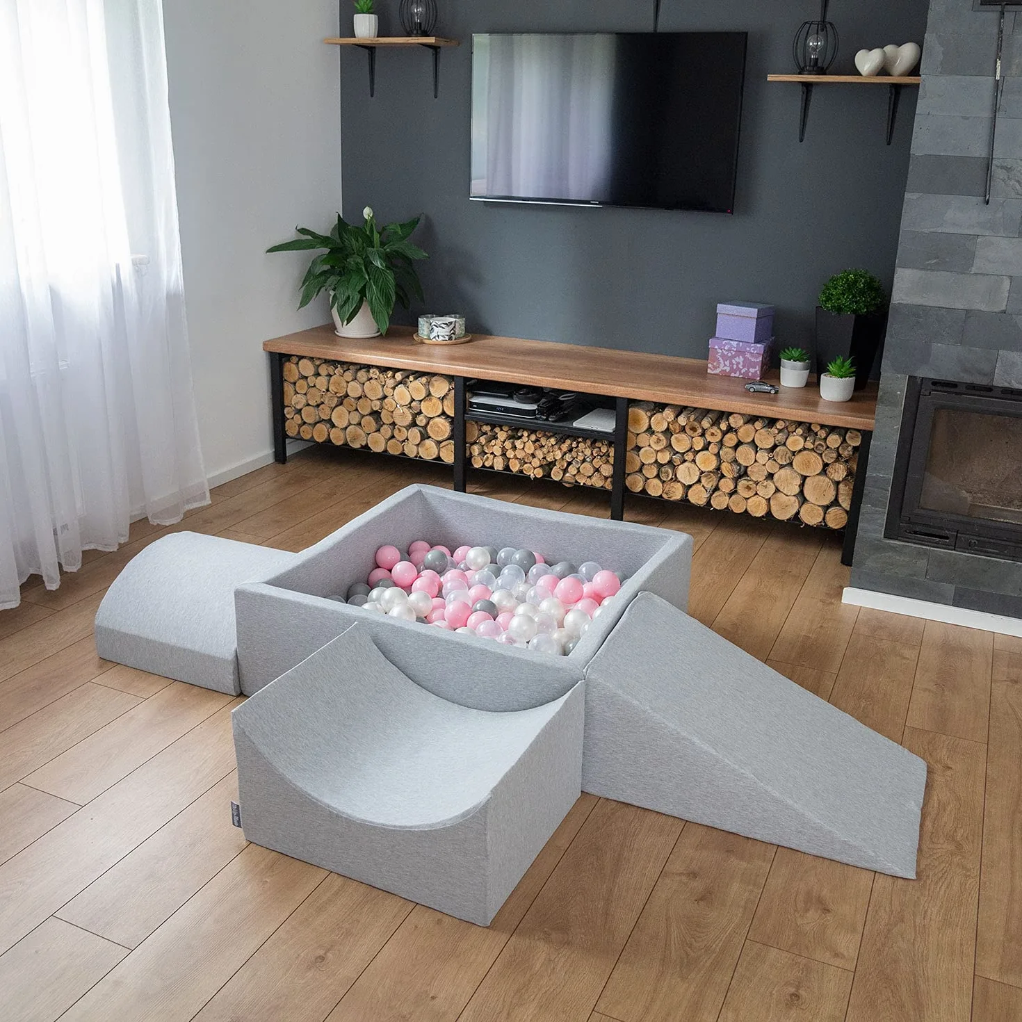 KiddyMoon Aire De Jeux en Mousse Parc Modulable pour Enfants avec Housses Amovibles, Gris Clair