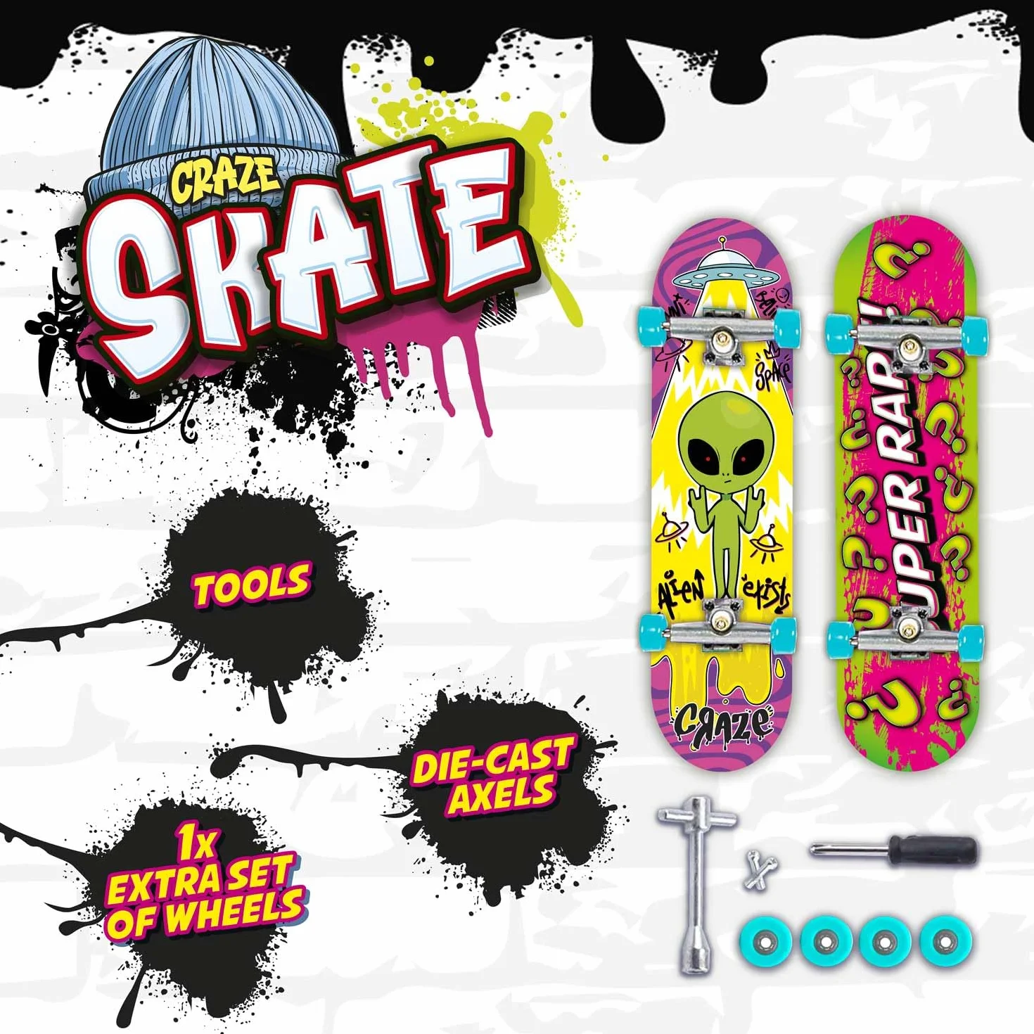 Craze Skate Pack de 2 Mini Skate Doigt Designs Aléatoires Parmi 4 Modèles Fingerboard Personnalisable avec Outils et Pièces