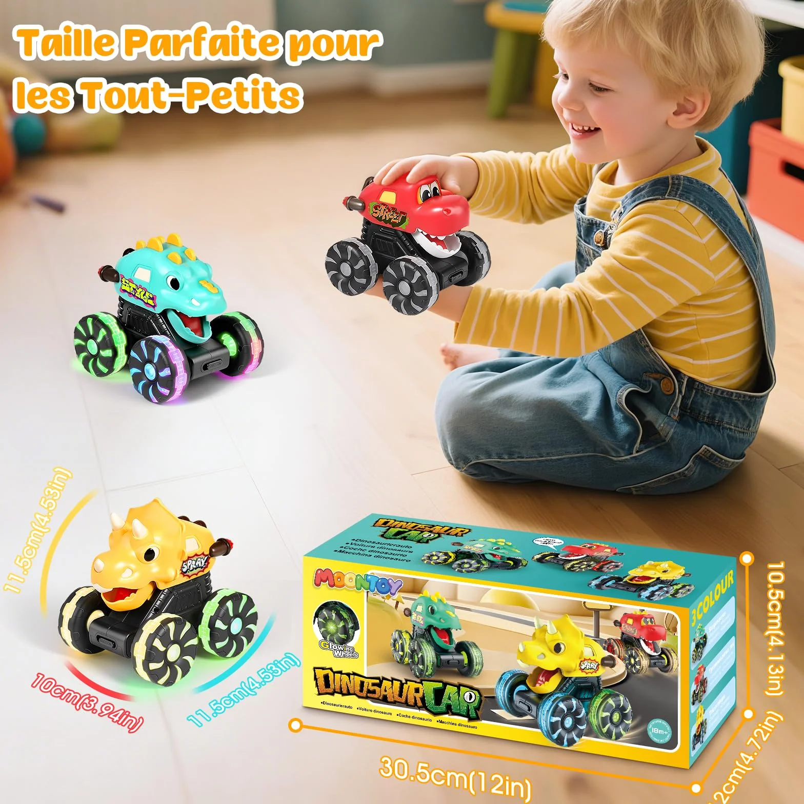 MOONTOY 3 Pièces Dinosaure Jouet Monstre Voiture Lumineuse à Pression pour Bébé 1 an