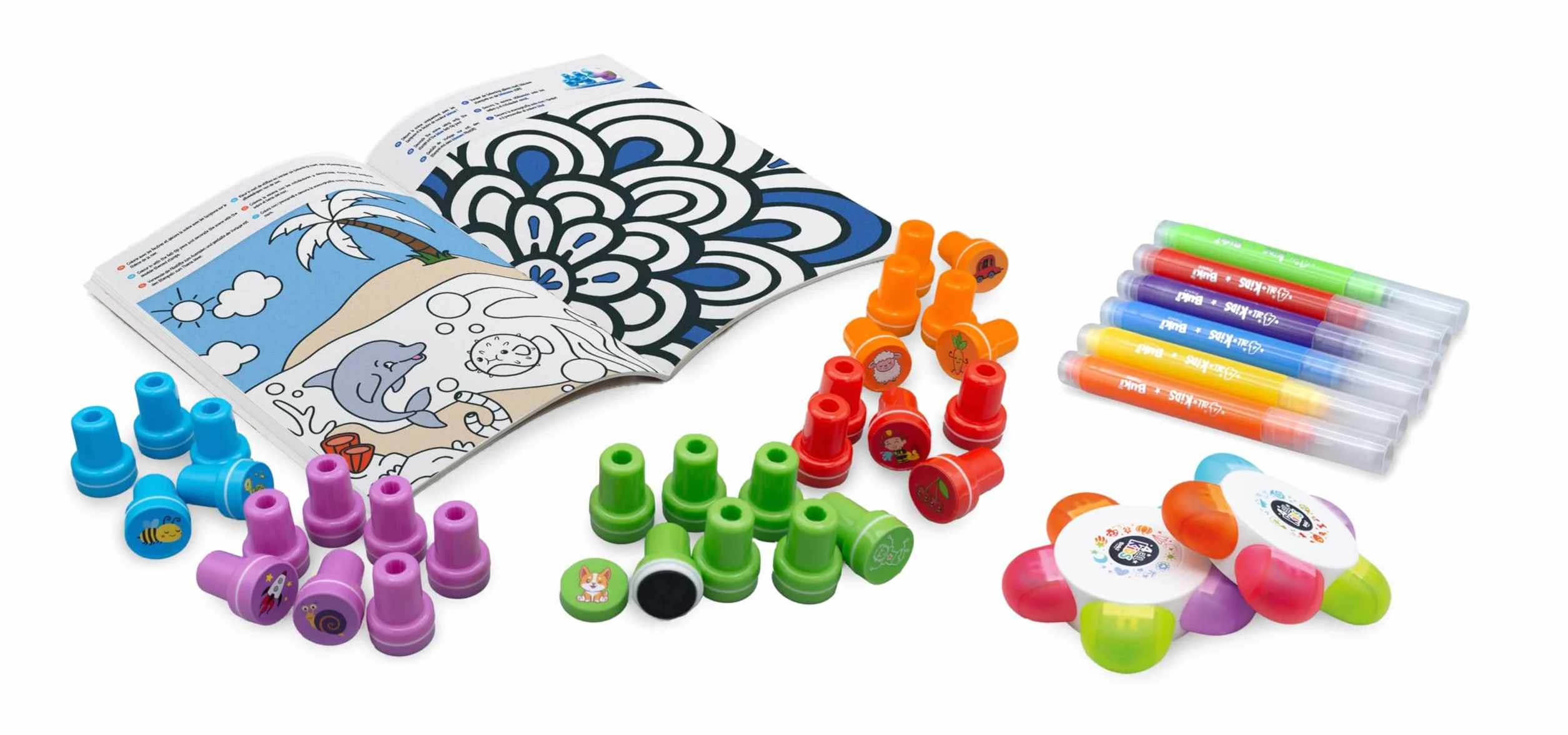 Coffret Tampons Enfant +3 Ans 45 Tampons Colorés Animaux Véhicules Frises Livret Activités 20 Pages Feutres Tampons Motricité Créativité