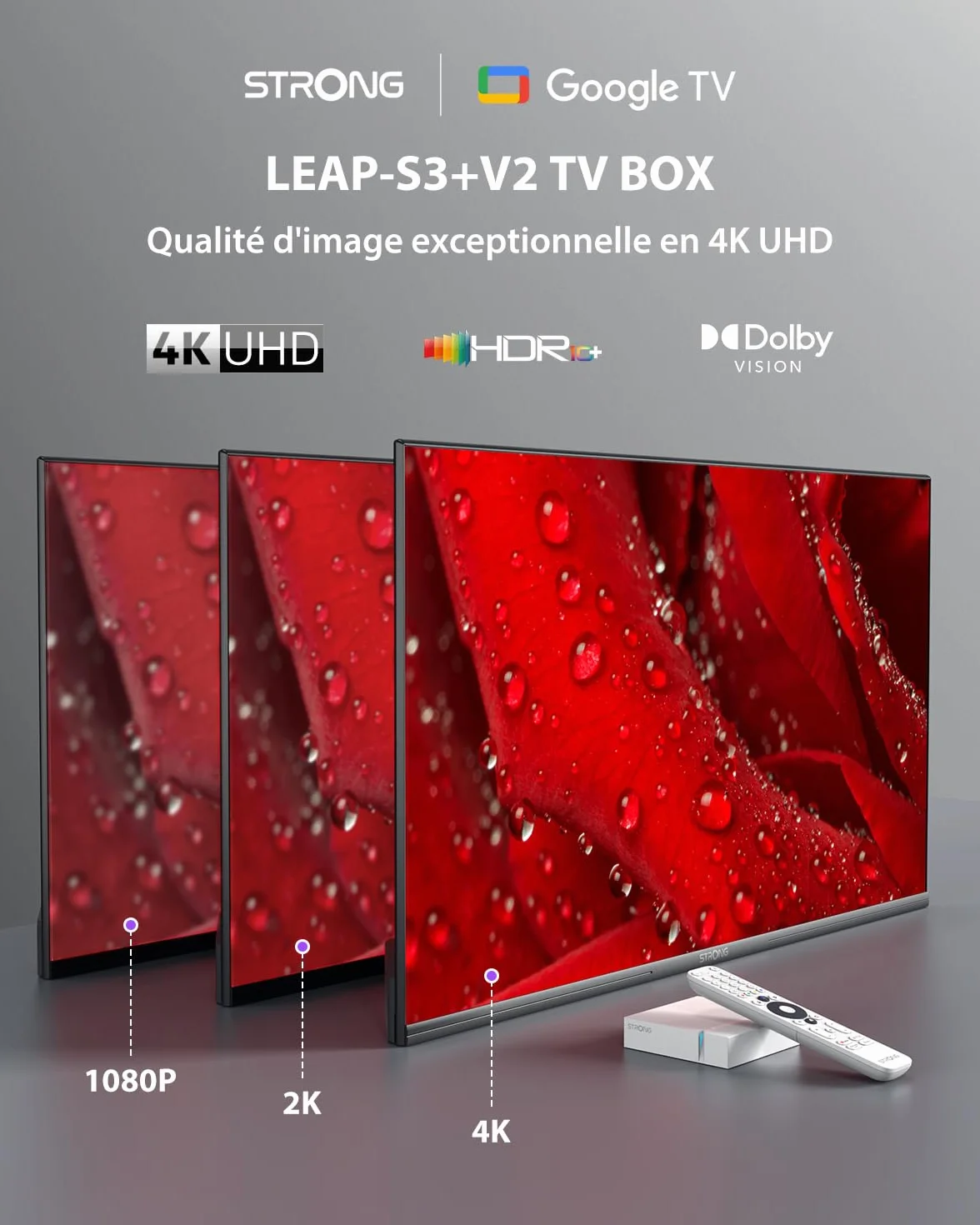 STRONG Leap-S3+V2 Streaming Box Google TV 4K UHD Ethernet 2GB RAM 16GB WiFi 5 HDR10+ Dolby Audio Dolby Vision Blanche