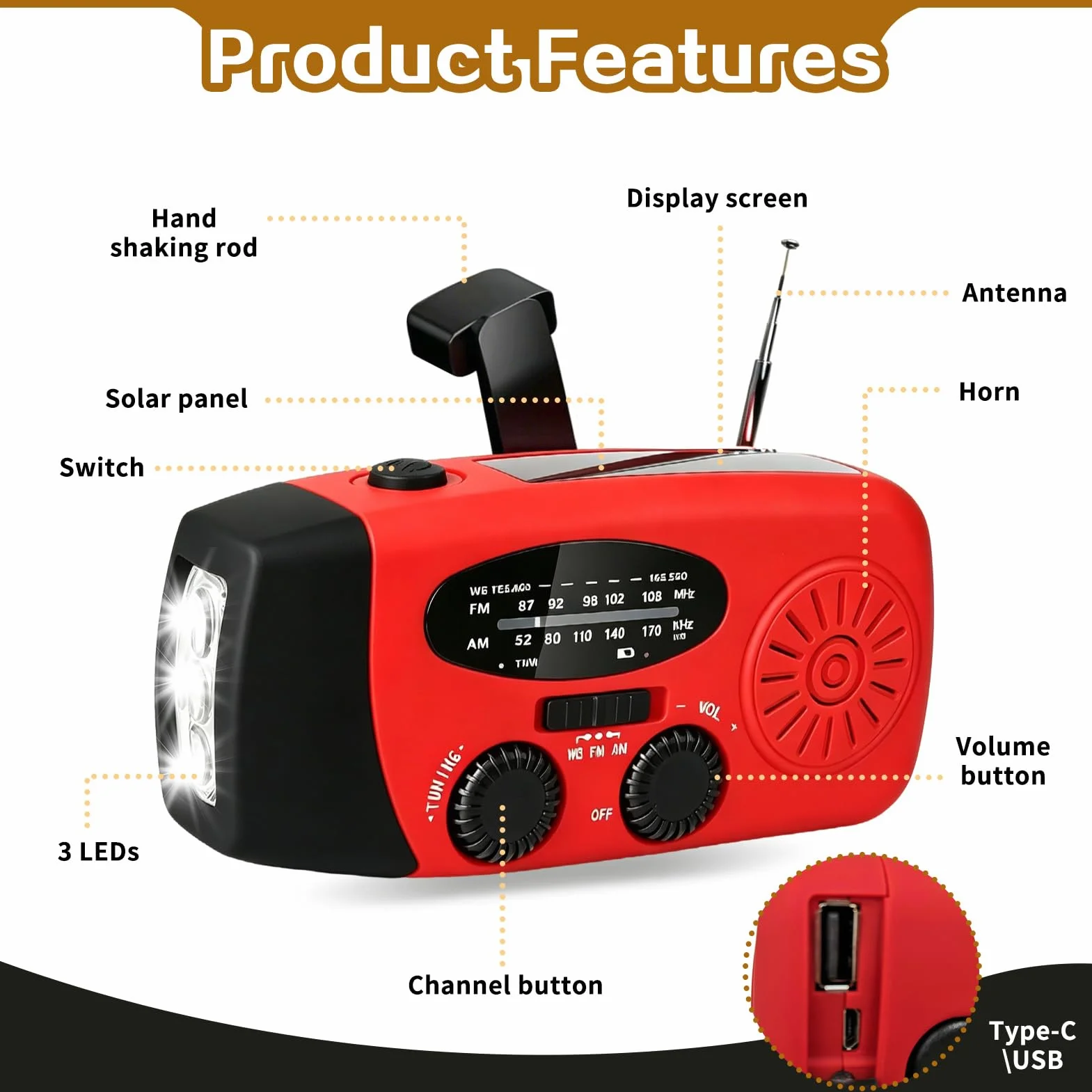 Radio Solaire d'Urgence Portable AM/FM avec Lampe Torche LED et Batterie Rechargeable 600mAh
