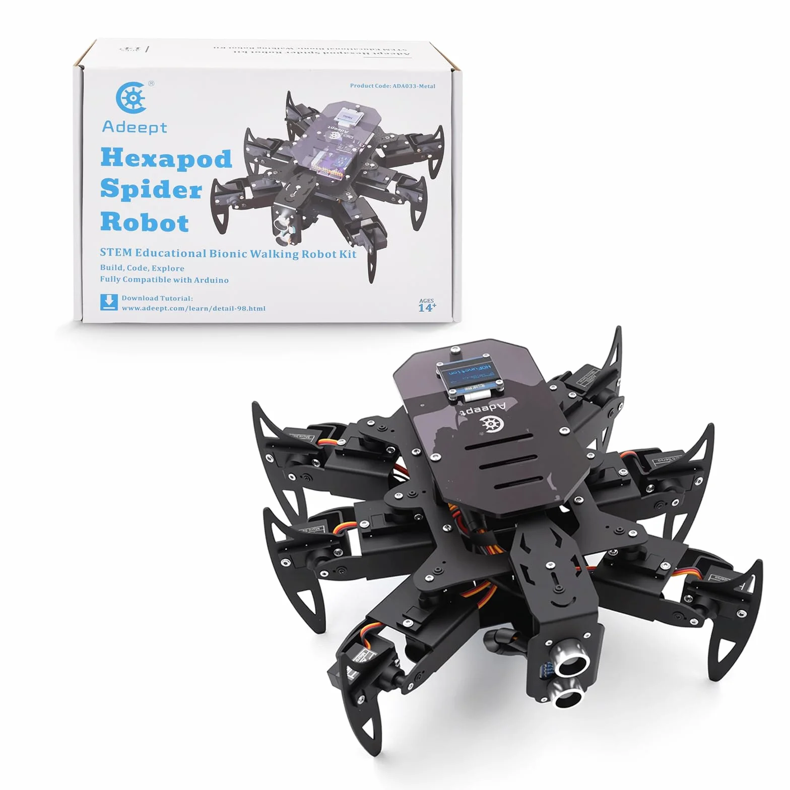 Adeept Hexapod Spider Robot Kit Compatible with Arduino, Spider Walking Crawling Robot, Programming Project Steam Robotics Kit with OLED Display and Metal Body, PDF Manual
