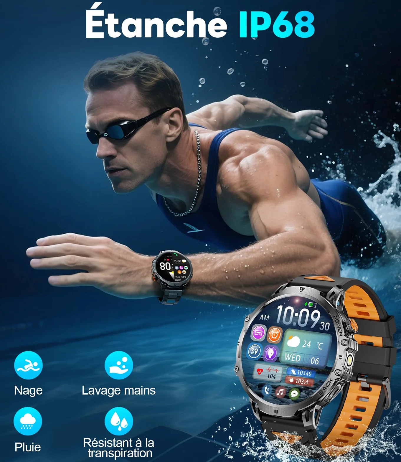 LIGE Montre Connectée Homme 1,85" HD Grand Écran LED Lampe Smartwatch Moniteur Fréquence Cardiaque Sommeil 110+ Modes Sportifs IP68 Étanche Noir