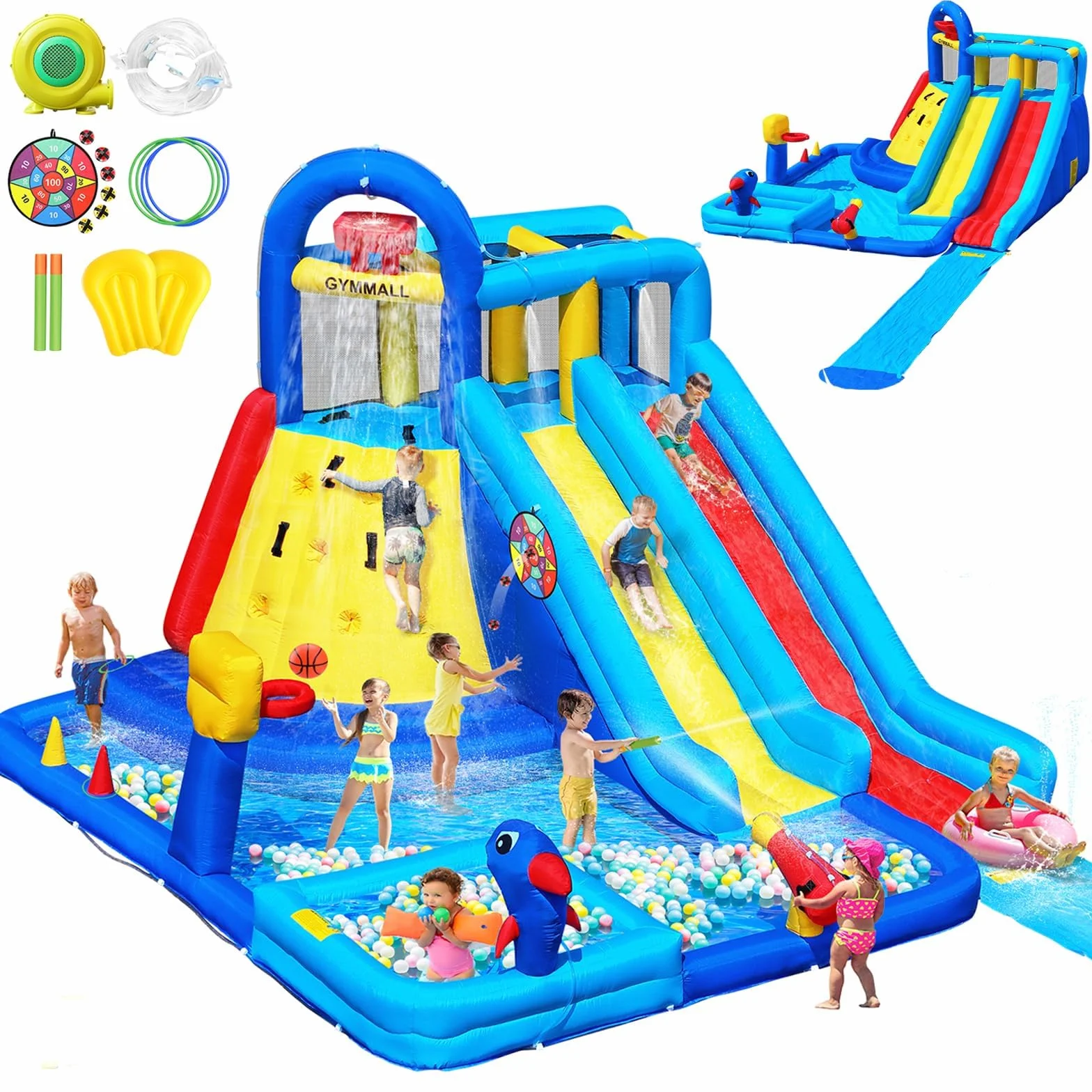 GYMMAL Château Gonflable avec Mur d'escalade, Double Toboggan et Piscine 4x3,6x2,6m