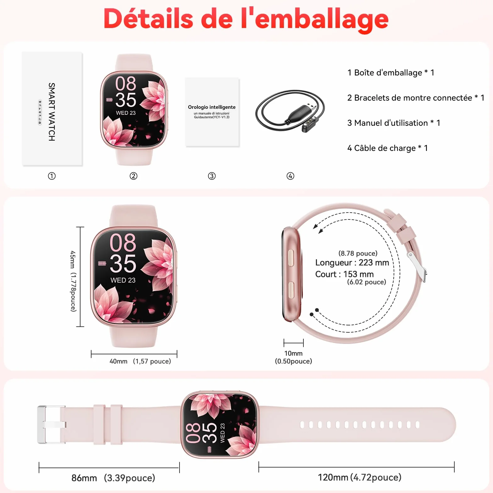 Mingtawn Montre Connectée 1.83" HD Smartwatch IP68 Etanche Fréquence Cardiaque SpO2 Fitness Tracker iOS Android