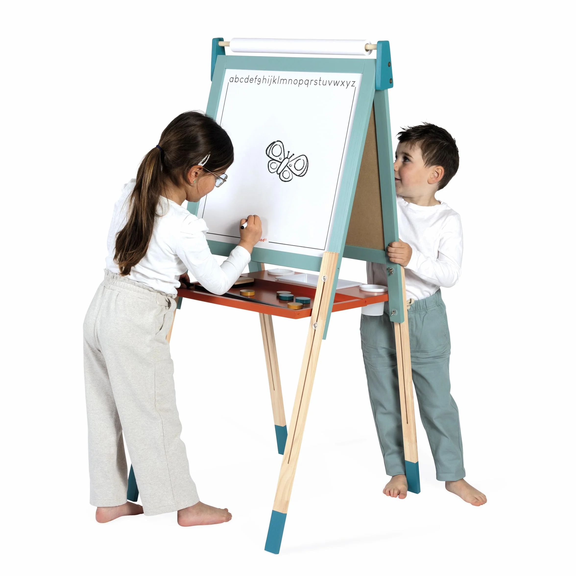 Janod Tableau Chevalet Double Face en Bois Réglable en Hauteur Ardoise Blanche Magnétique + Craie + Rouleau Papier 23 Accessoires Dès 3 Ans