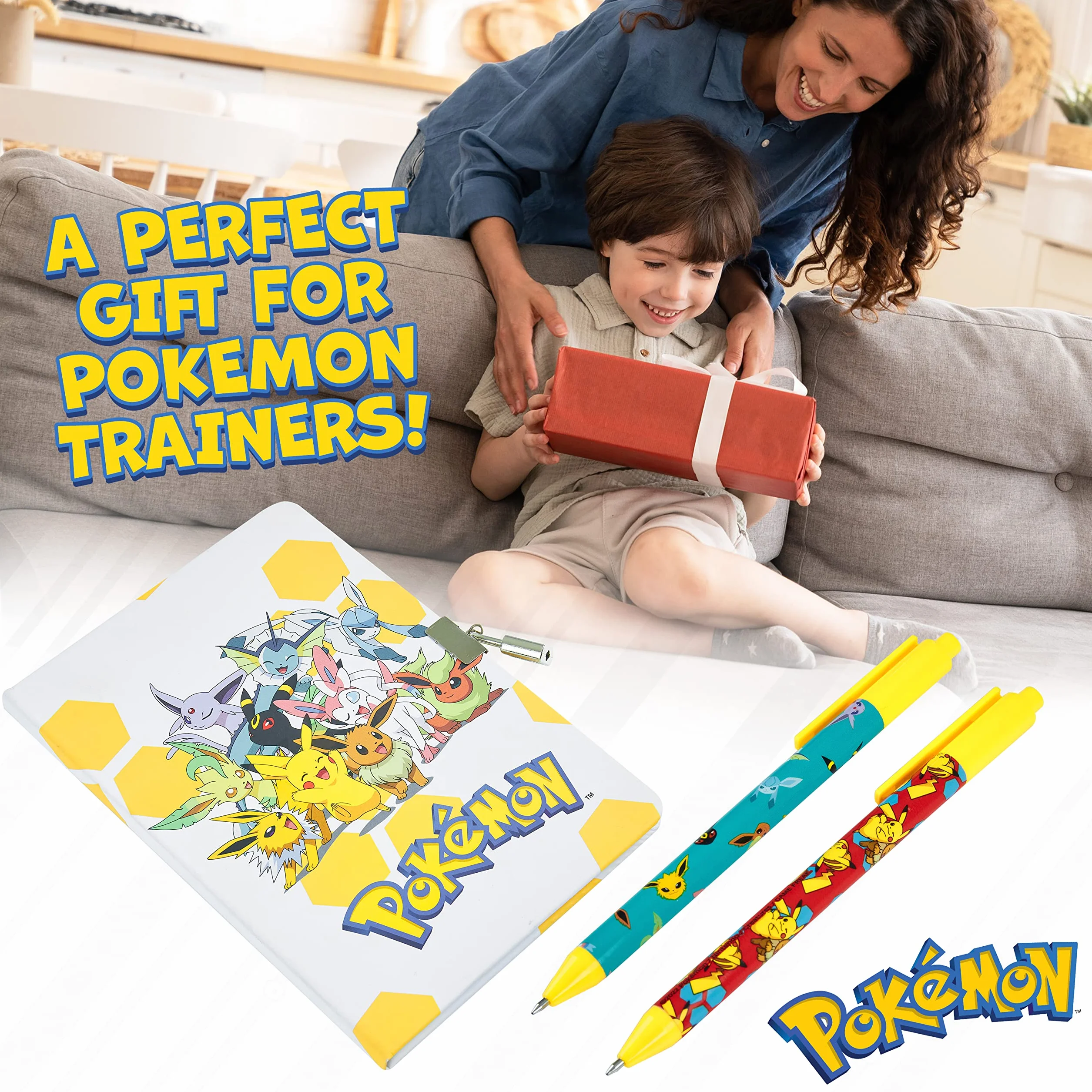 Pokémon Ensemble de Fournitures de Papeterie – Journal Avec Cadenas, Carnet, Trousse, Stylos Jaune/Blanc