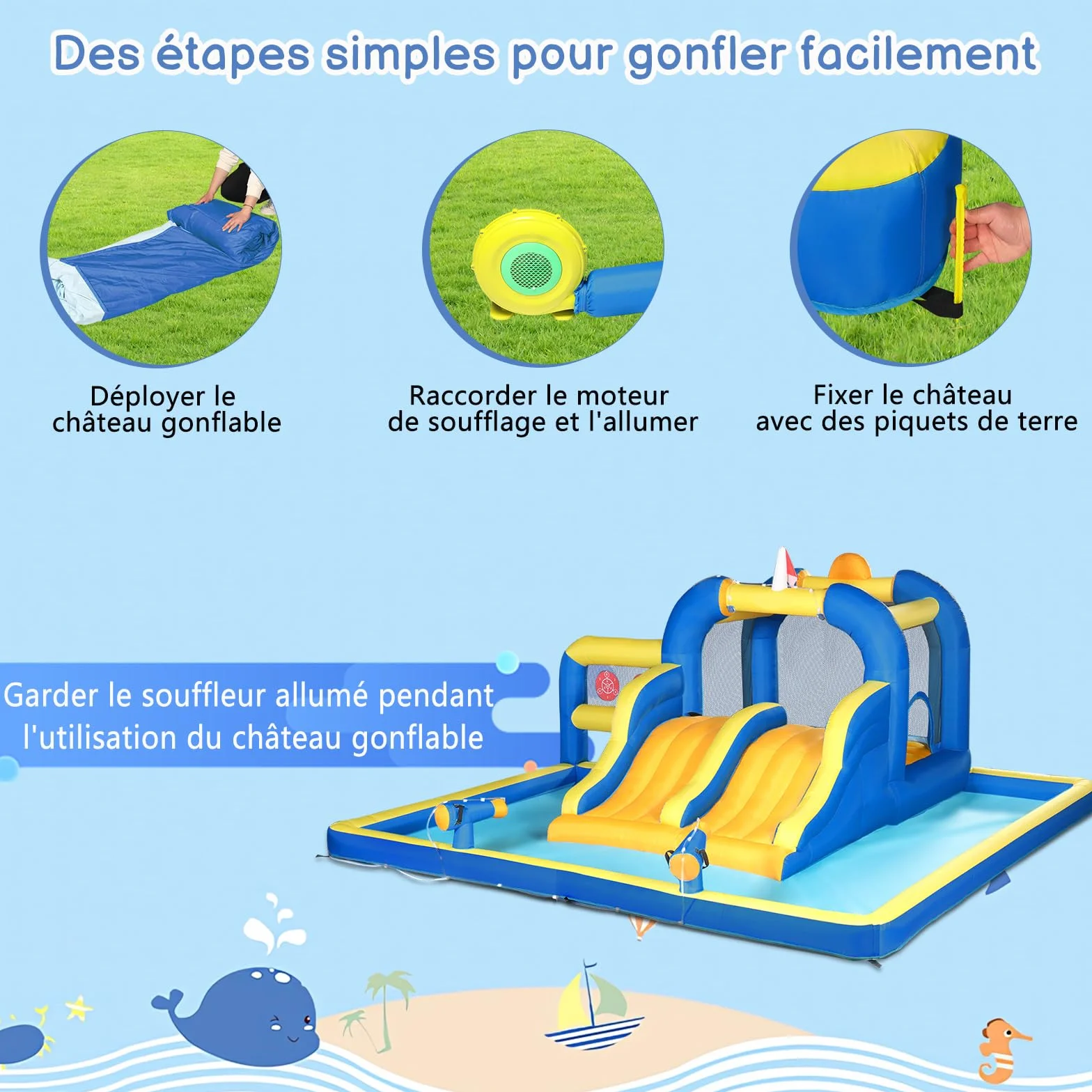 LEADZM Château Gonflable pour Enfants avec Double Toboggan, Zone de Saut, 470x472x260 cm, 150 kg