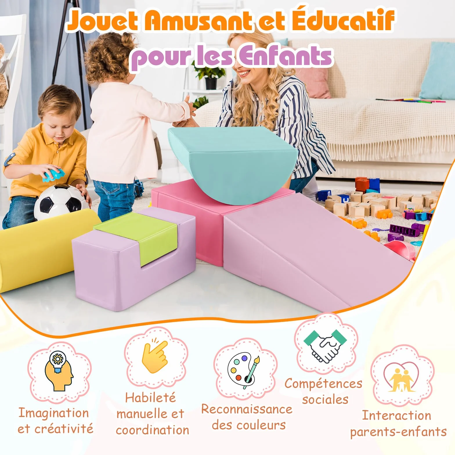 COSTWAY Parcours Motricité Bébé en Mousse EPE avec Housse PU, 6 Pièces, Jouets Éducatifs Rose+Jaune