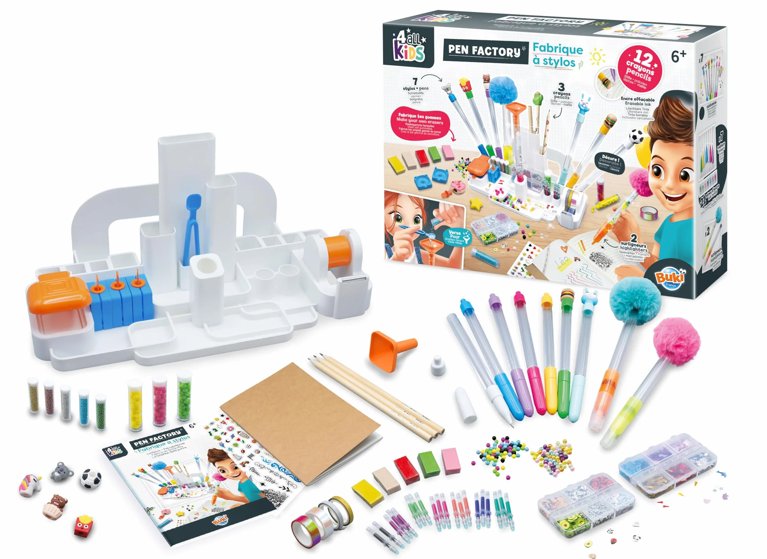Buki Fabrique à stylos Station Customisation Crayons Bureau Kit Créatif Enfant dès 6 Ans Stylos Stickers Masking Tape Gommes Accessoires DIY FK007