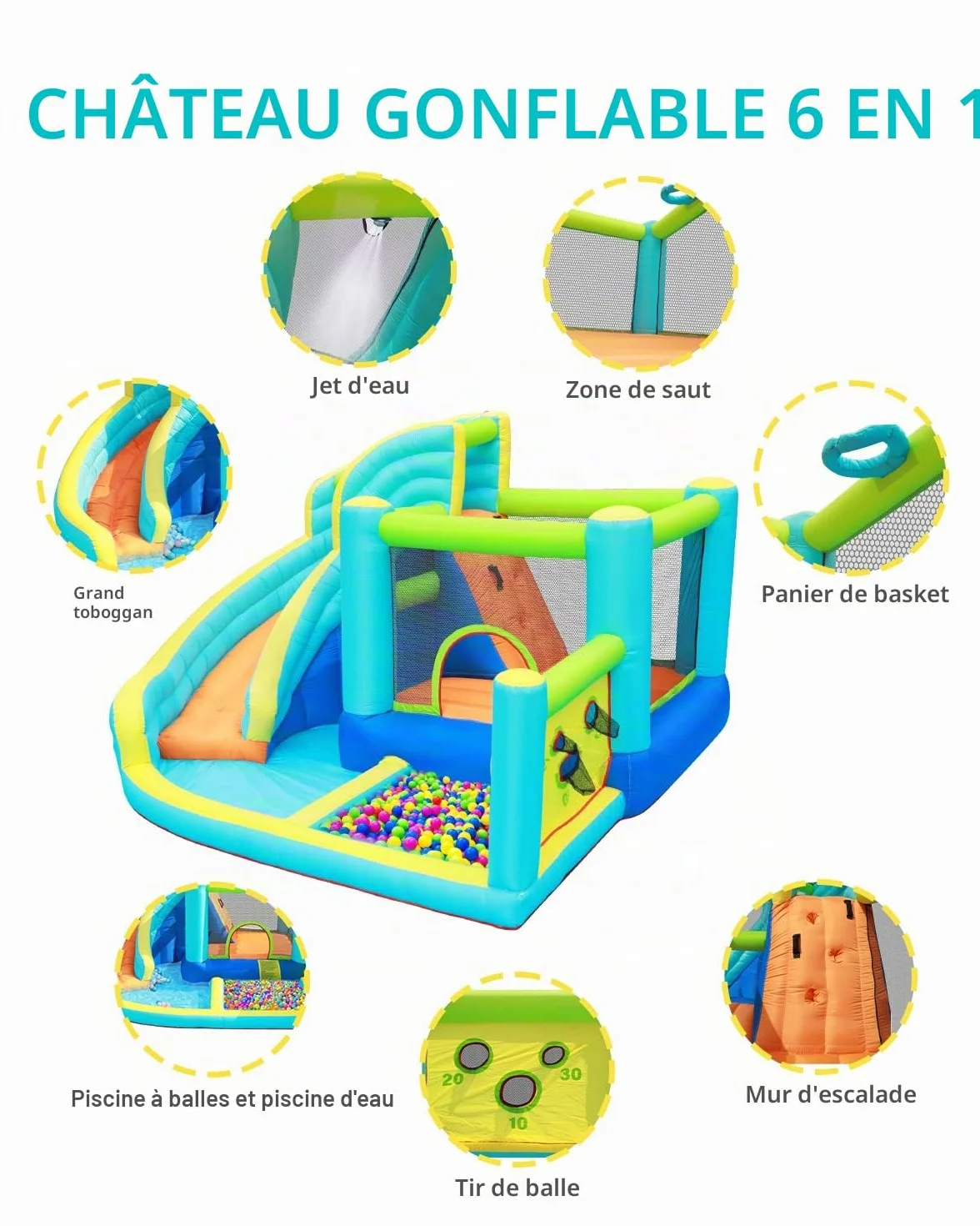 Château Gonflable Parc Aquatique pour Enfants avec Toboggan Trampoline Pataugeoire Mur d'escalade Panier de Basket Grand Jardin Extérieur 4 Enfants
