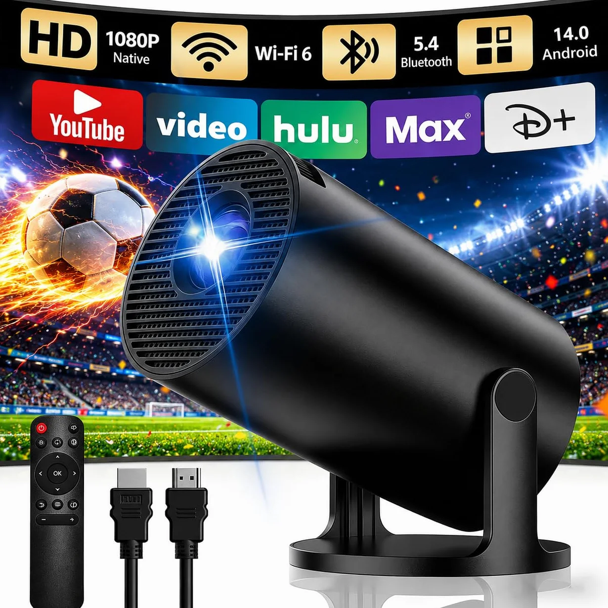 Vidéoprojecteur 4K Yoton Wi-Fi 6 BT 5.4 Compatible 4K/1080P Correction Auto Partage d'Écran sans Fil HDMI Noir