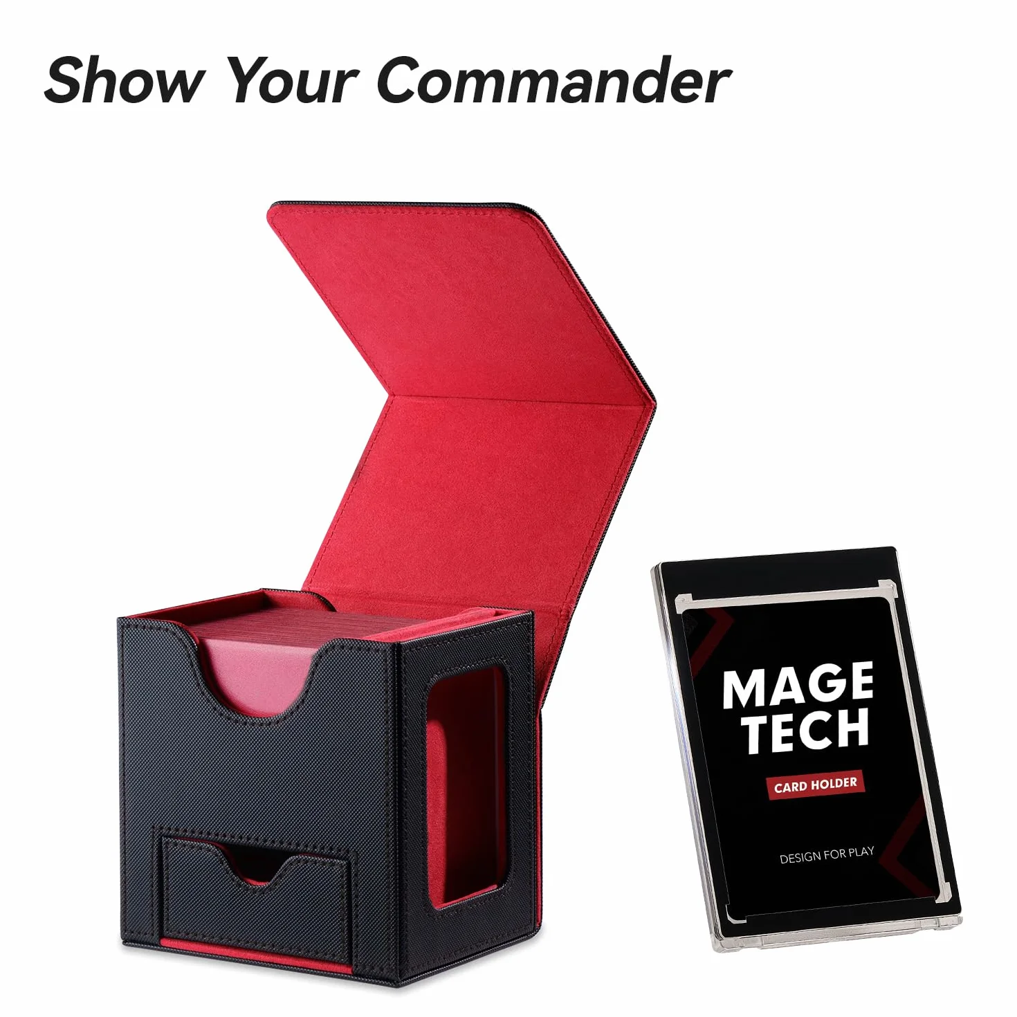Mage Tech Boîte pour Decks Commander MTG - Conception Brevetée, Affichage Commander, 100 Cartes Double-Sleeve, Porte-Carte Magnétique 35pt - Noir/Rouge