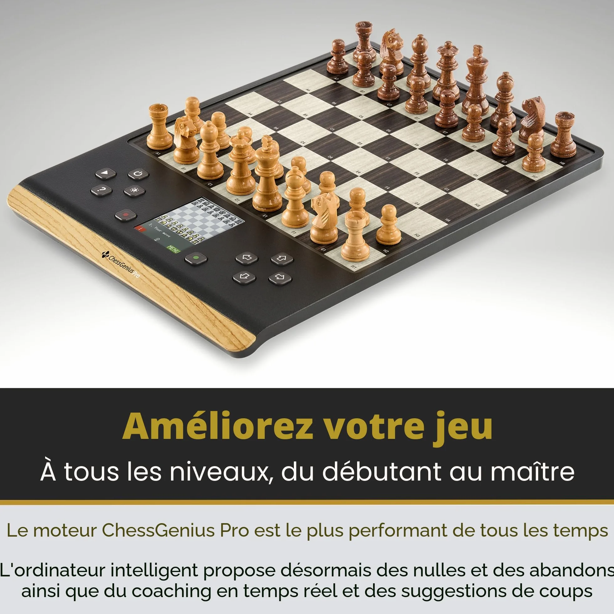 Ordinateur d'échecs MILLENNIUM ChessGenius Pro Wood Edition – Design élégant en Bois avec des pièces en Bois véritable, idéal pour Les Joueurs Amateurs grâce à Ses Fonctions d'apprentissage par IA
