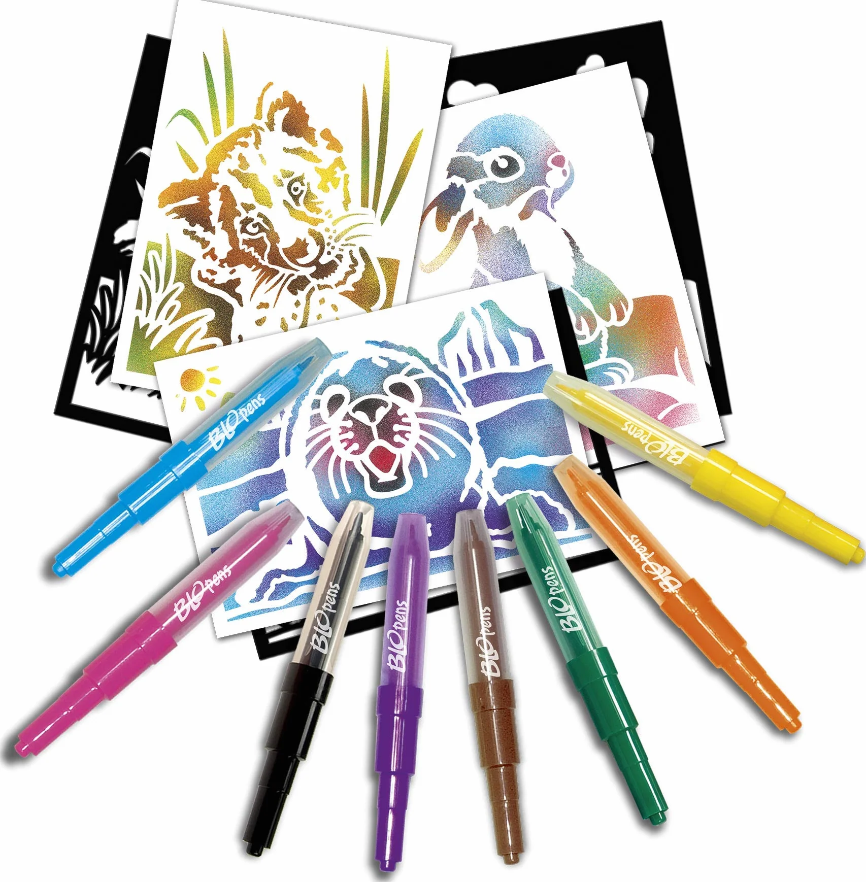 Lansay BLOPENS Set Activités Bébés Animaux Feutres Coloriage Souffler Pochoirs Réutilisables Cadeau Enfants 5 Ans