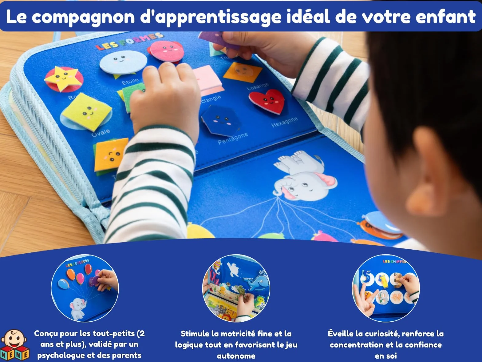 Nene Busy Board Montessori Jouet éducatif 2-6 Ans garçon fille Planche activités sensorielle sans écran Lettres Chiffres Formes Couleurs Motricité Fine