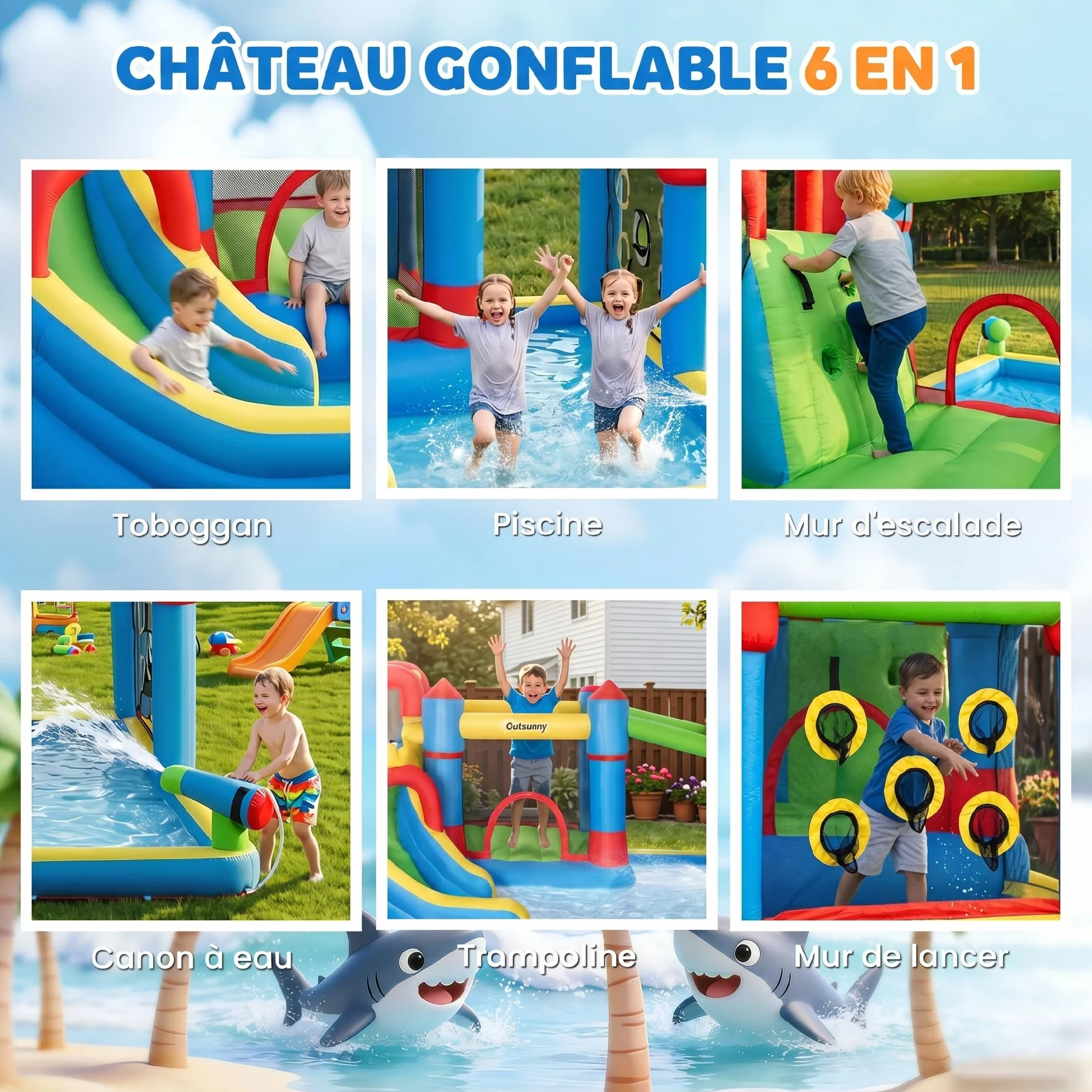 Outsunny Château Gonflable 6 en 1 Aire de Jeux avec Toboggan Trampoline Piscines 390 x 300 x 197 cm Multicolore