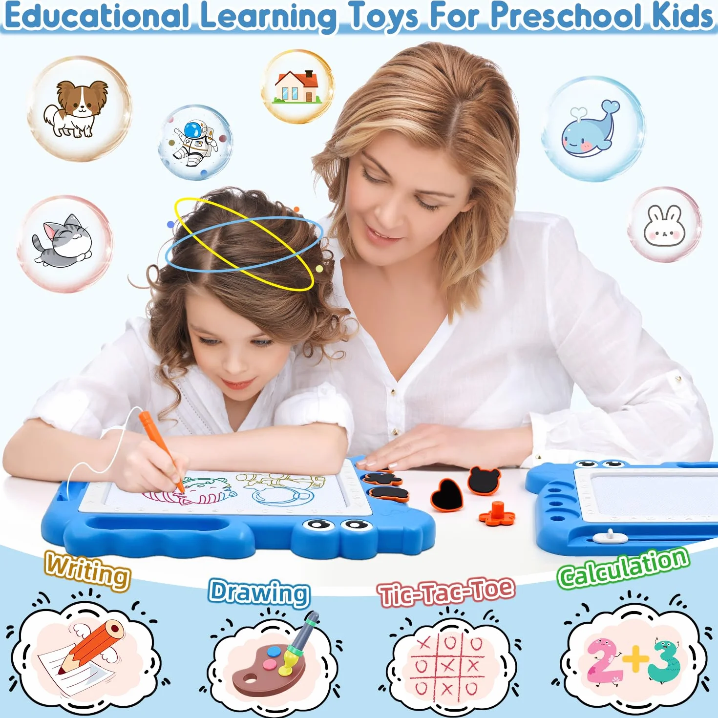 AiTuiTui Ardoise Magique Jouet Enfant 3-5 Ans, Ardoise Gribouillage Magnétique Effaçable, Jeu Educatif Cadeau Filles Garçons, 4 Zones Couleur 3 Tampons 1 Stylo, Bleu