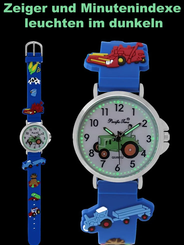 Pacific Time Horloge enfants montre bracelet argenté garçon tracteur ferme analogique quartz bleu