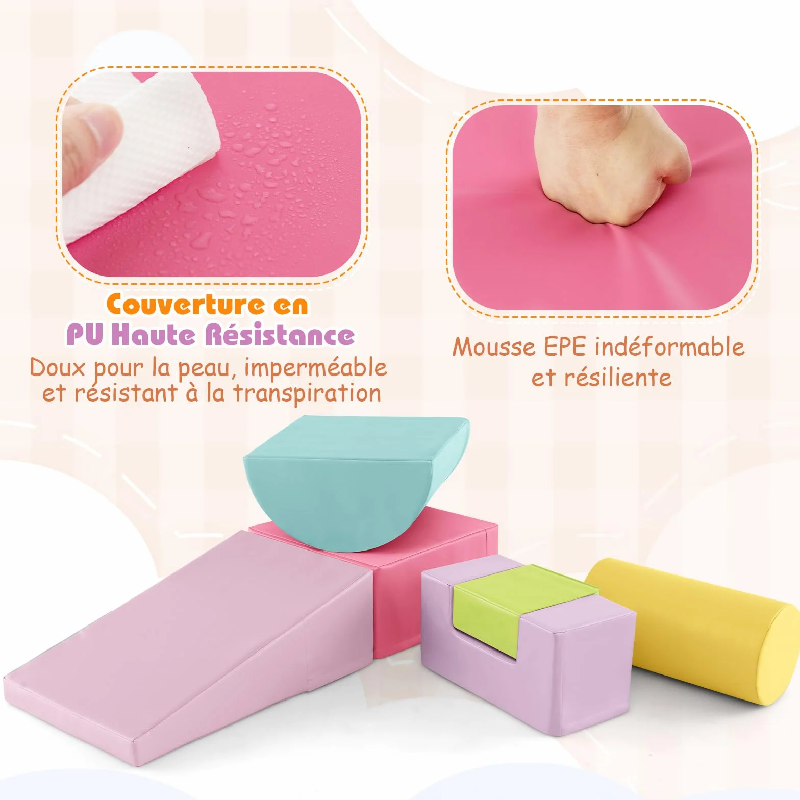 COSTWAY Parcours Motricité Bébé en Mousse EPE avec Housse PU, 6 Pièces, Jouets Éducatifs Rose+Jaune