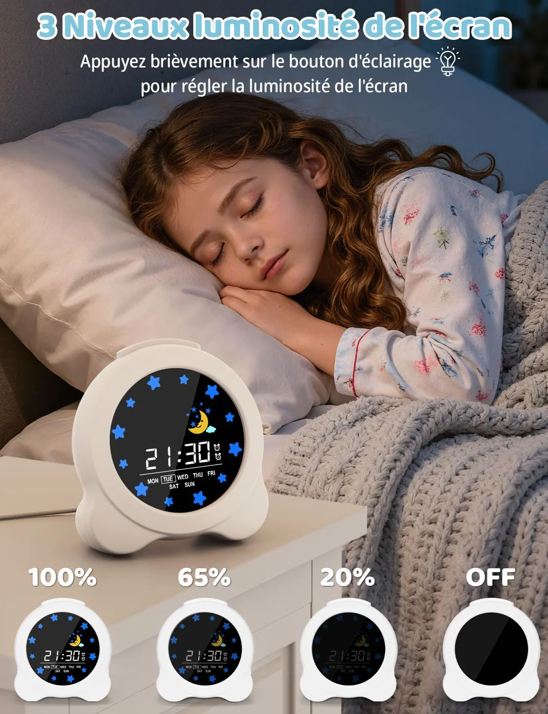 YISSVIC Réveil Enfant Jour Nuit Éducatif 2 Alarmes 12/24 Heure Snooze Luminosité Réglable