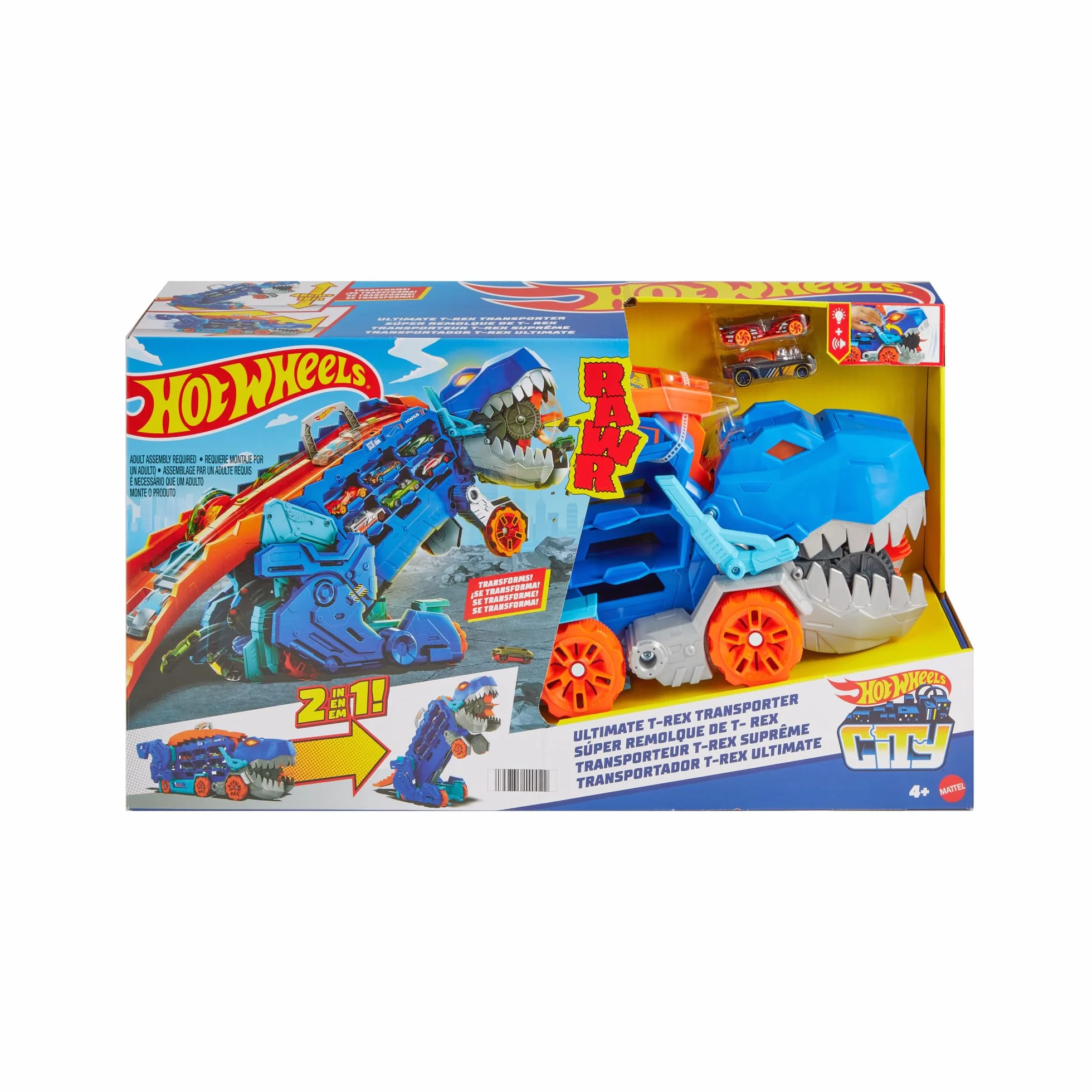 Hot Wheels Let’s Race Netflix Camion City Transporteur T-Rex Qui Se Cabre Piste Course Lumières Sons Jouet Enfant 3 Ans HNG50