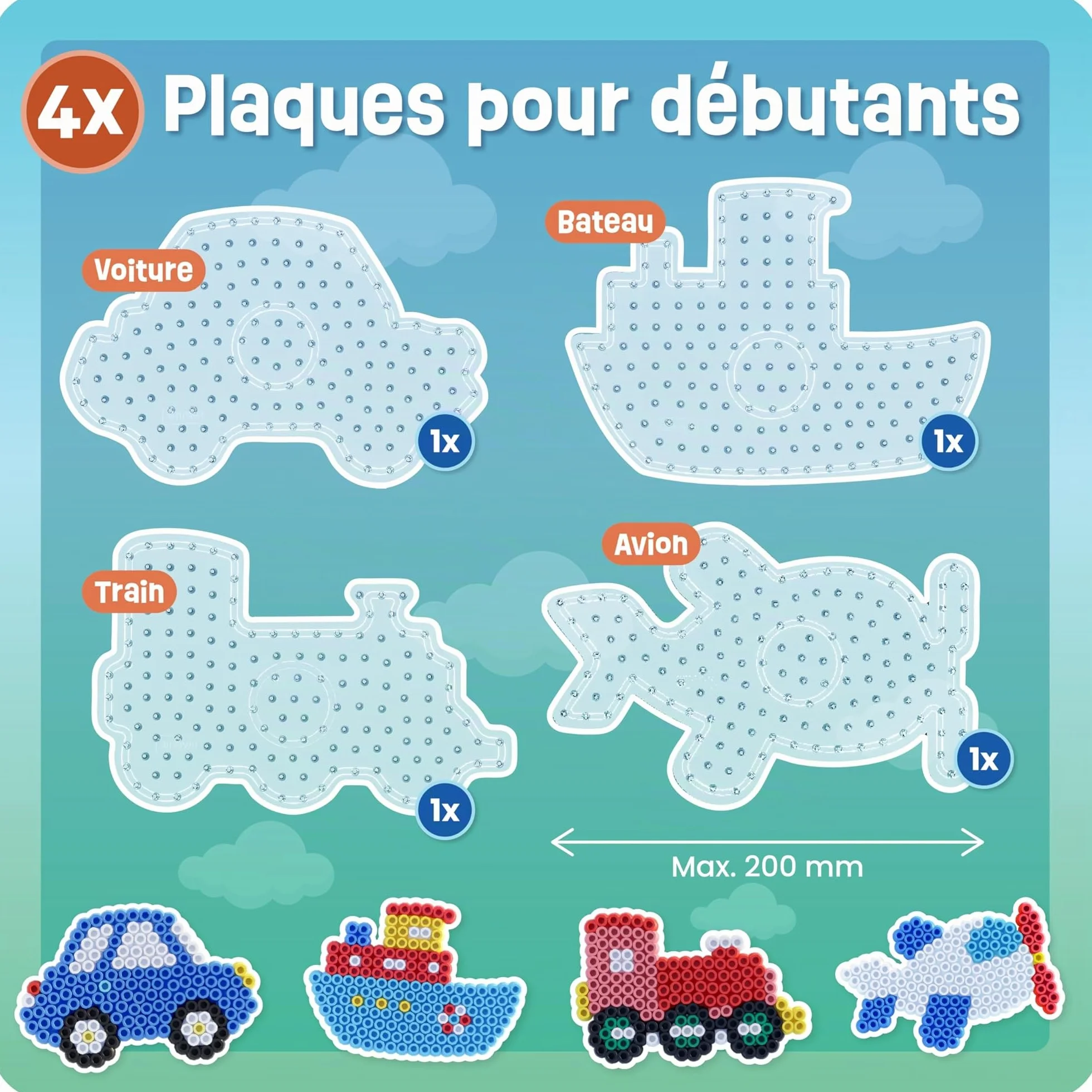 Smowo Perles à repasser 10 mm - 4 plaques et modèles - Voiture bateau train avion - Grandes plaques stylo Maxi pour enfants dès 3 ans