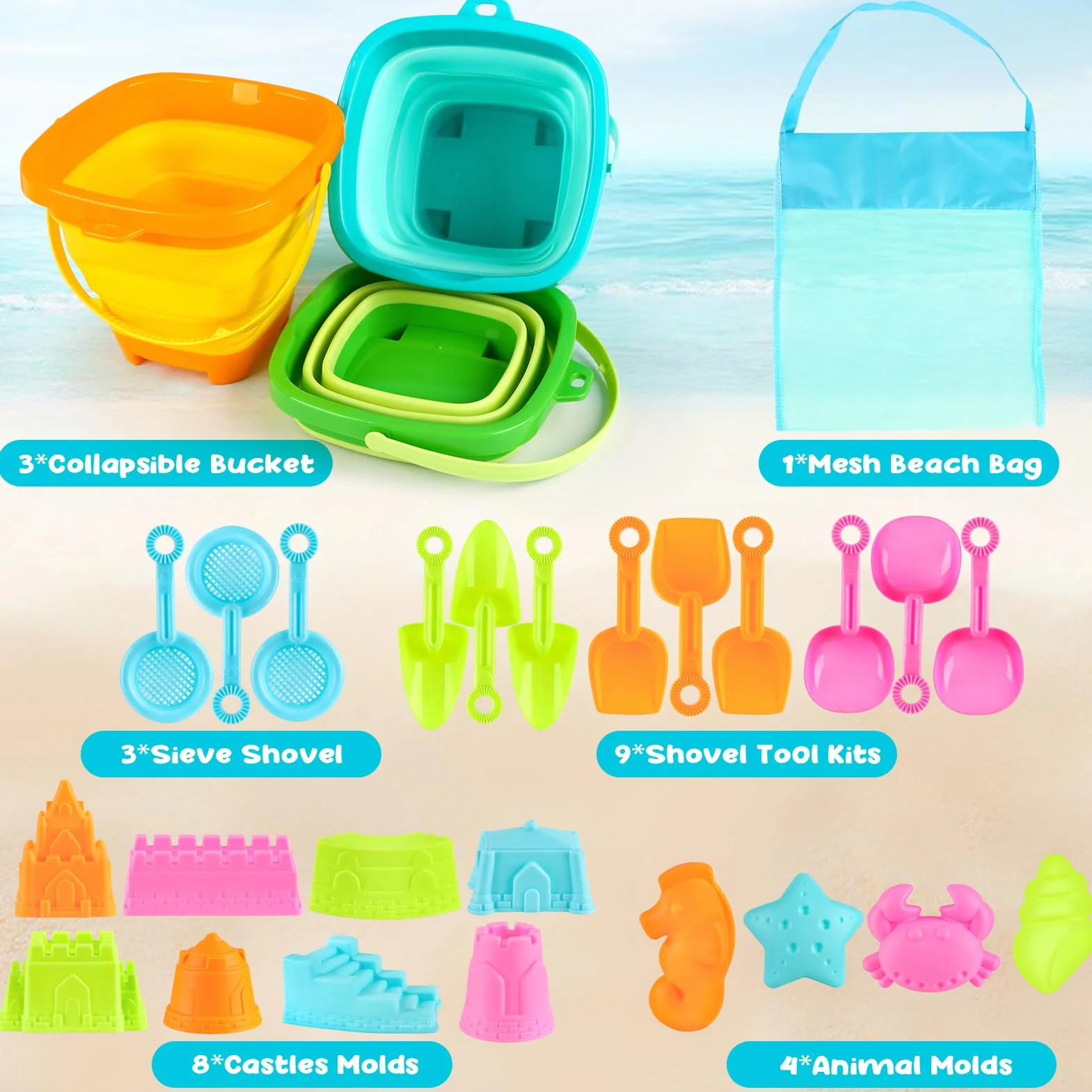 YIMORE Jouet de Plage 28 PCS Jouets de Sable avec Seau Pliable Enfants Bac à Sable