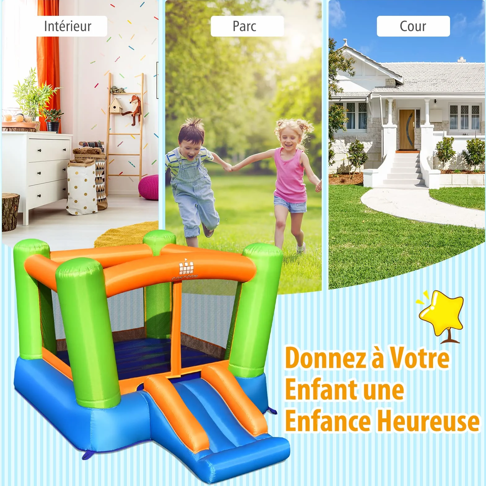 COSTWAY 2 en 1 Château Gonflable avec Toboggan, Aire de Jeux 250x197x143 cm