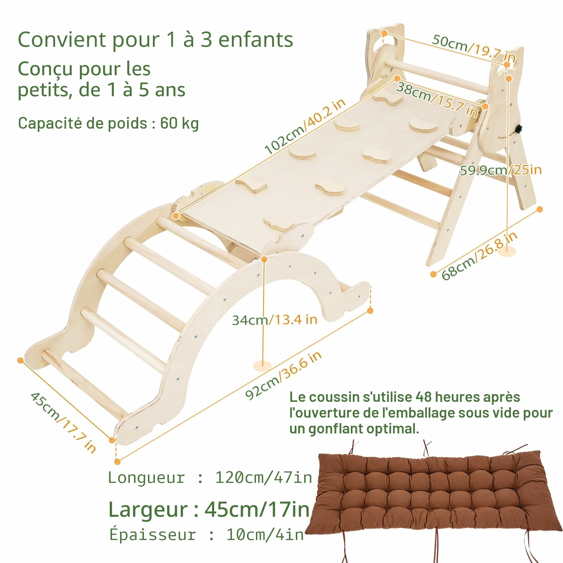 Arche Montessori Escalade Enfant Bebe Jeux en Bois Hêtre avec Toboggan Échelle Coussin Aire de Jeux Interieur 1 2 3 4 Ans
