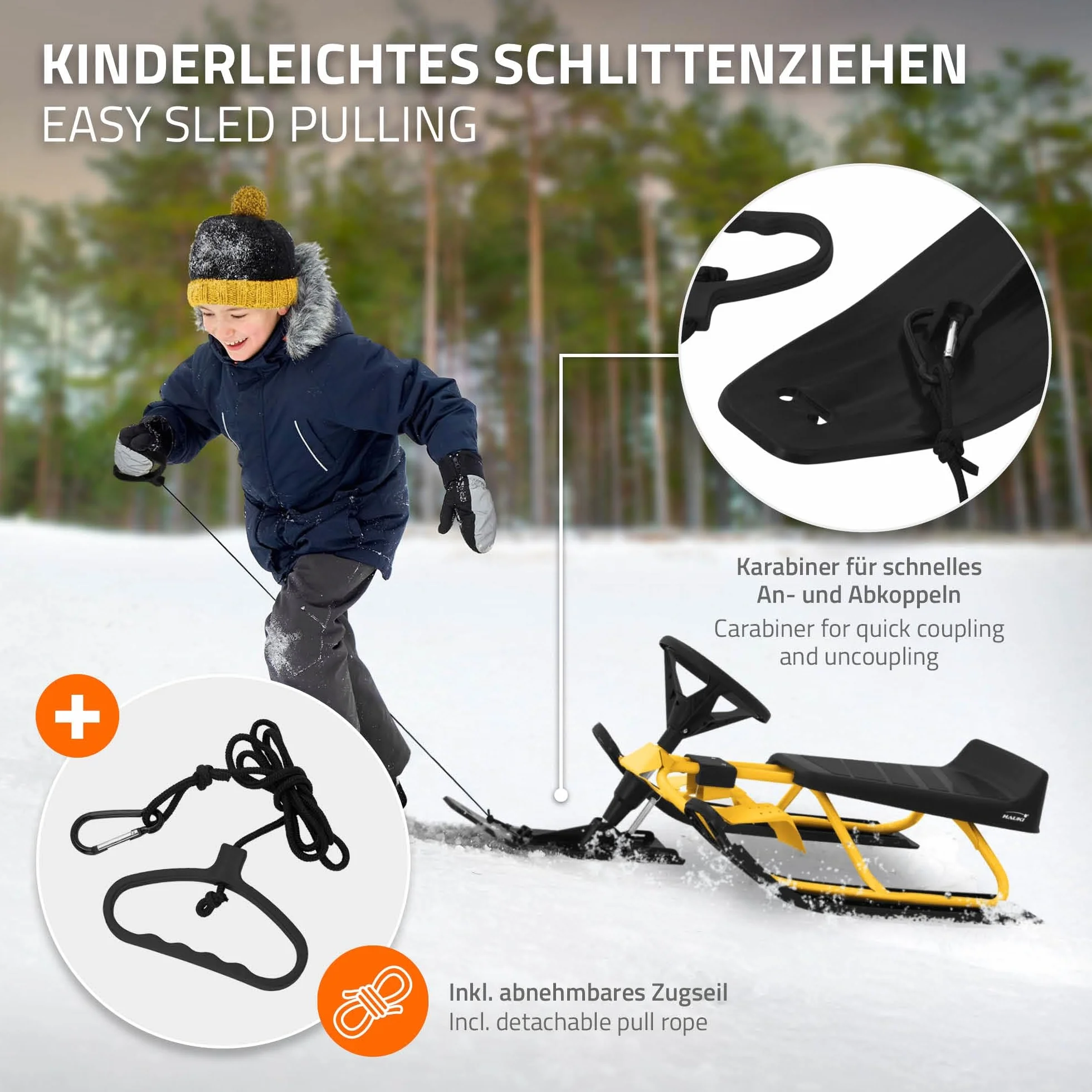 ECD Germany Lenkschlitten, Kinderschlitten Rodel AB 5 Jahre, Skibob für Kinder und Erwachsene BIS 90 kg, Schlitten mit Lenkrad, Fußbremse, Zugseil, Sitz mit Rückenlehne, Stahlrahmen, 119 x 38 x 50 cm