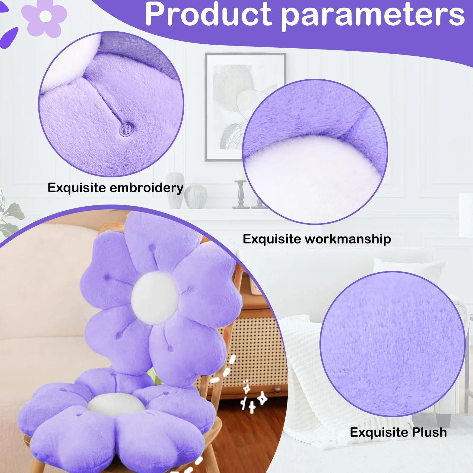 Coussin Fleurs Oreiller Floral Peluche 50cm Violet