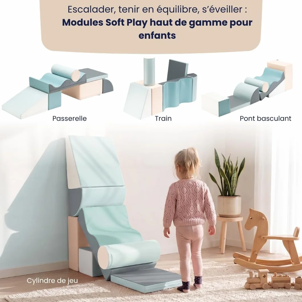 IGLU Soft Play Discoverer 7 XL Blocs Jeu d’Éveil Montessori Toboggan d’Intérieur Parcours de Motricité en Mousse Jouets éducatifs (Pastel)