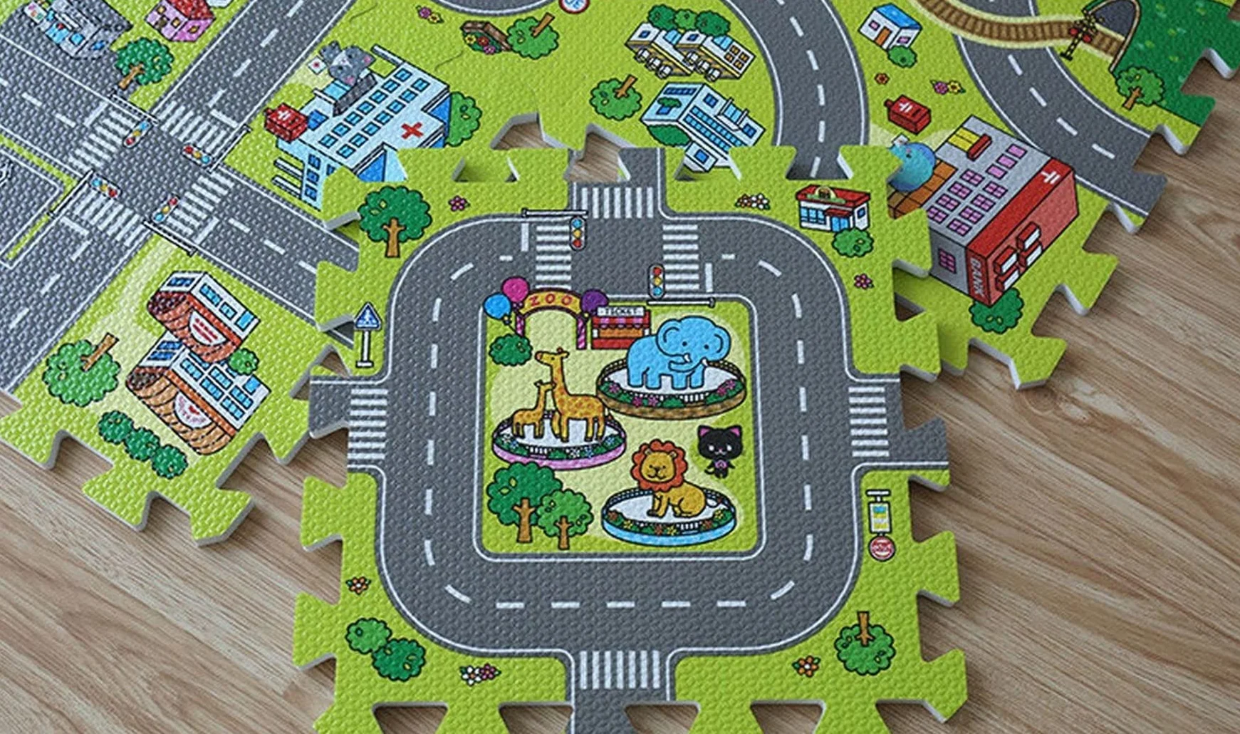 Tapis puzzle en caoutchouc EVA pour enfant circuit routes 90 x 90 x 1 cm pièces interchangeables