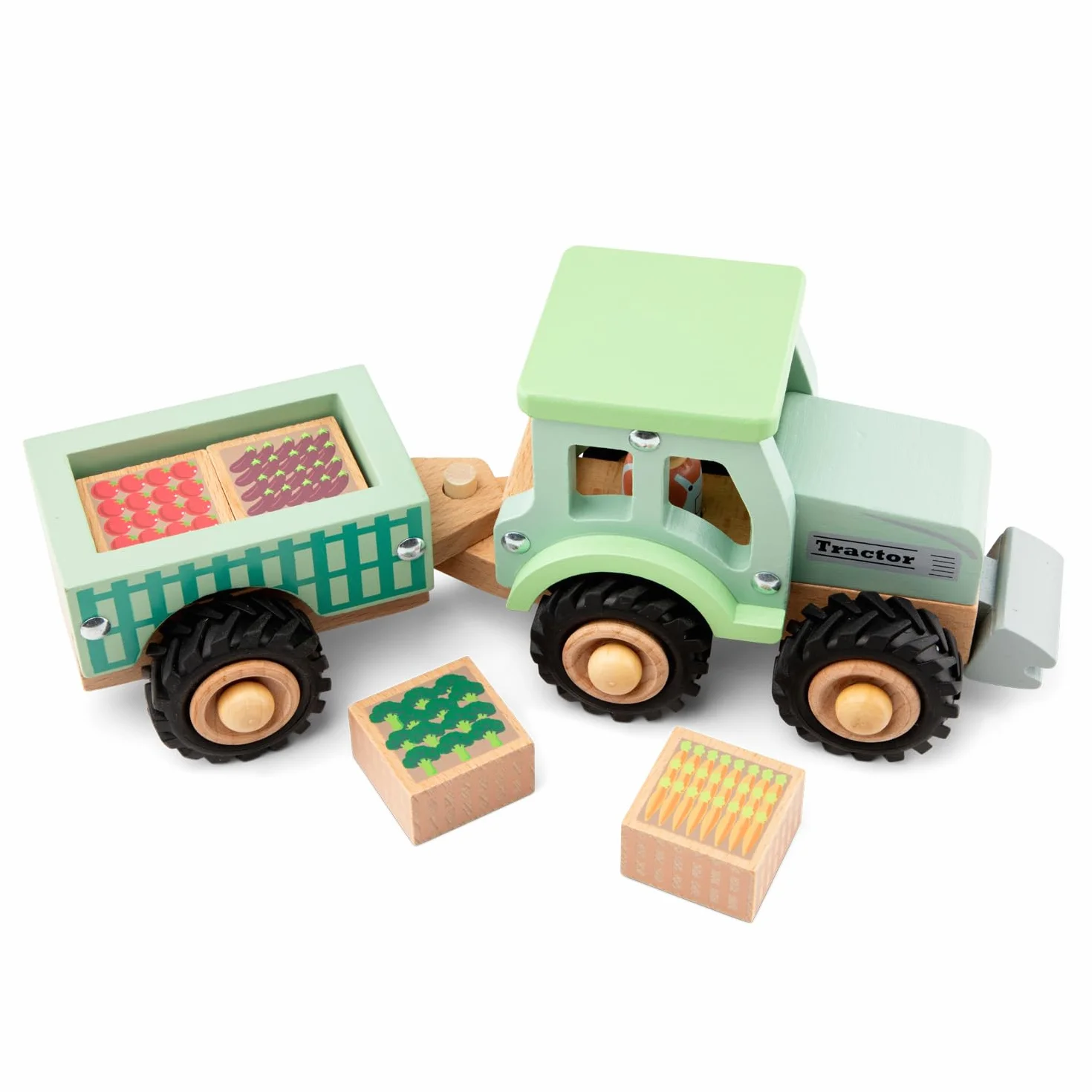 Jouet Tracteur en Bois avec Remorque Détachable pour Tout-Petits – Véhicule de Ferme avec Légumes Jouets – Cadeau Enfants