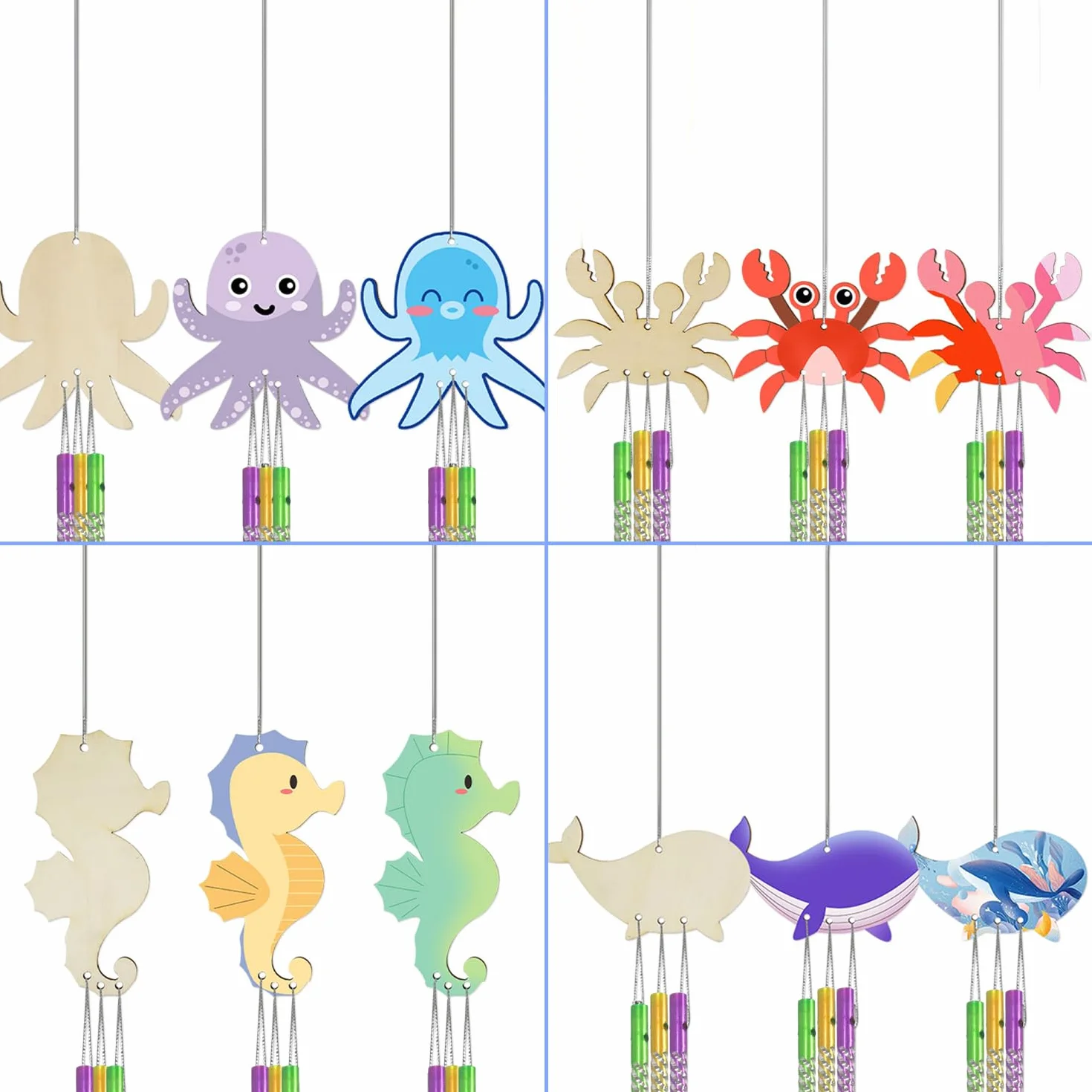 Carillons à vent animaux marins bois extérieur - Lot de 9 décorations suspendues créatives