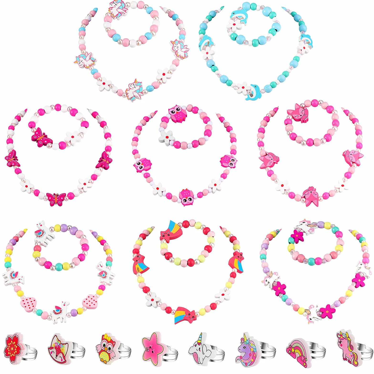 HIFOT 24 Pièce Bijoux Enfants Fille Bagues Collier Bracelet Set, Coloré Bois Perles Licorne Papillon Hibou Princesse