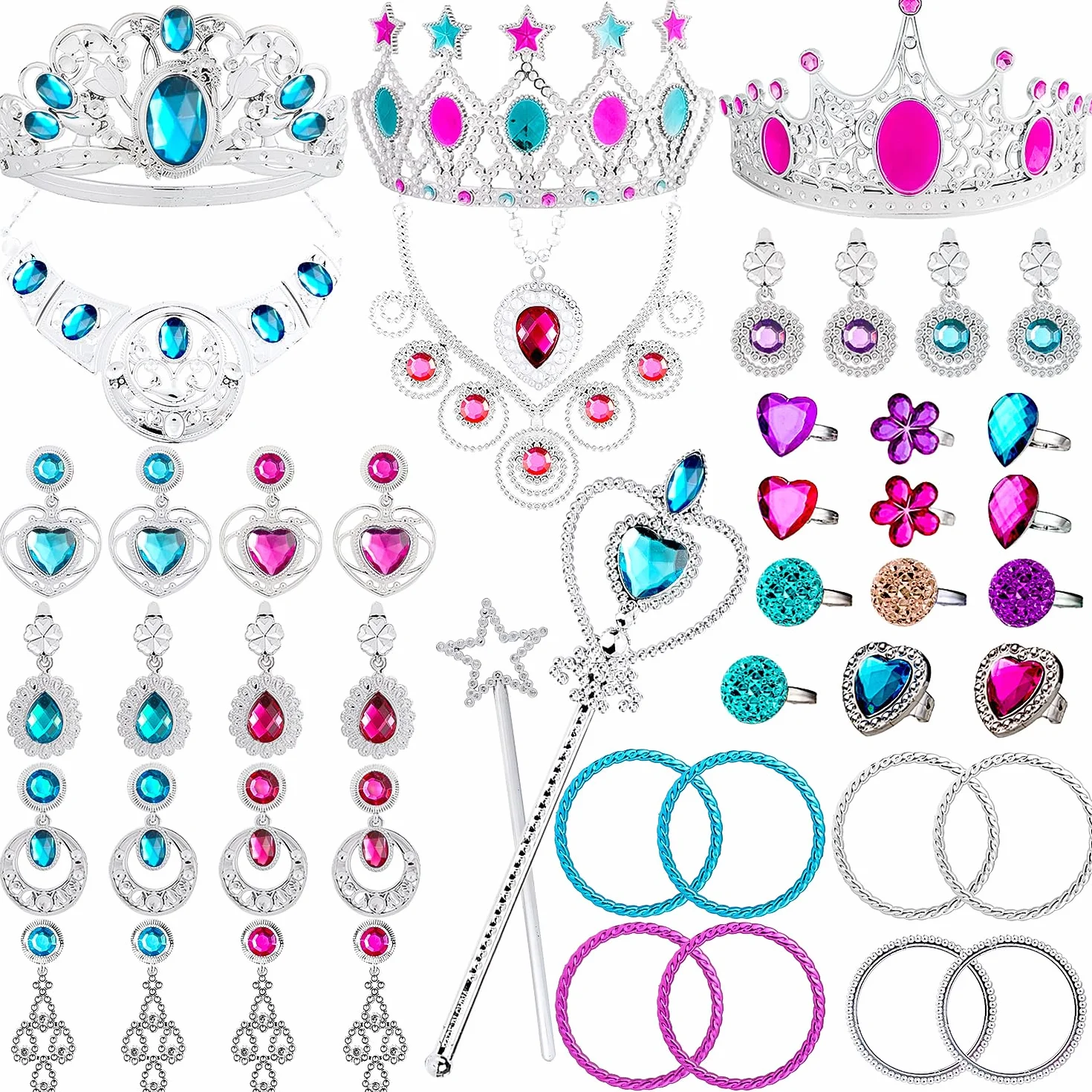 WATINC 46Pcs Princesse Dress Up Accessoires Set Filles Habiller Déguisement Bijoux Diadème Collier Bracelet Baguette Magique Tiara Couronne Bague Boucles d'oreilles Cosplay