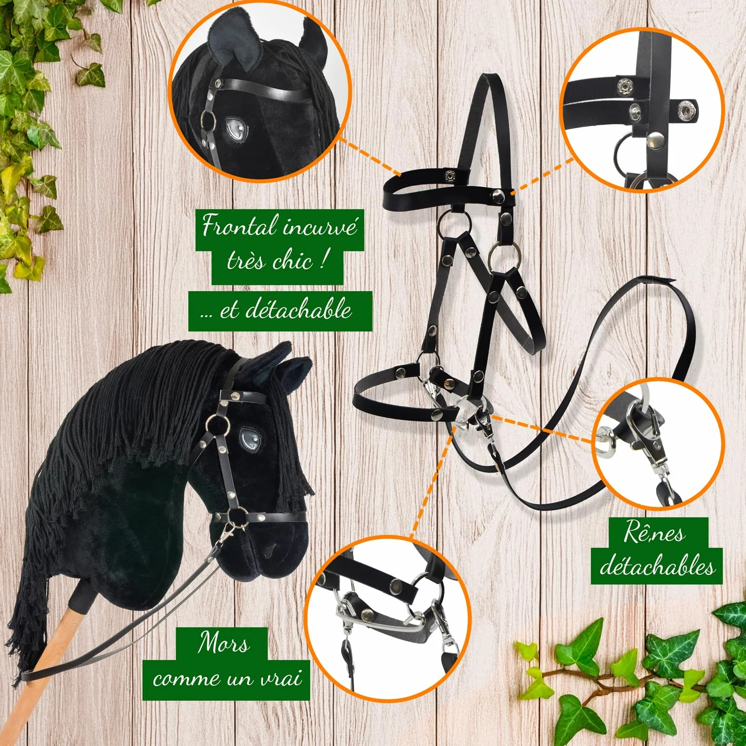 Hobby Horse Frison Noir A3 Cheval bâton Complet Filet Mors Rêne Licol Bonnet Anti-Insectes