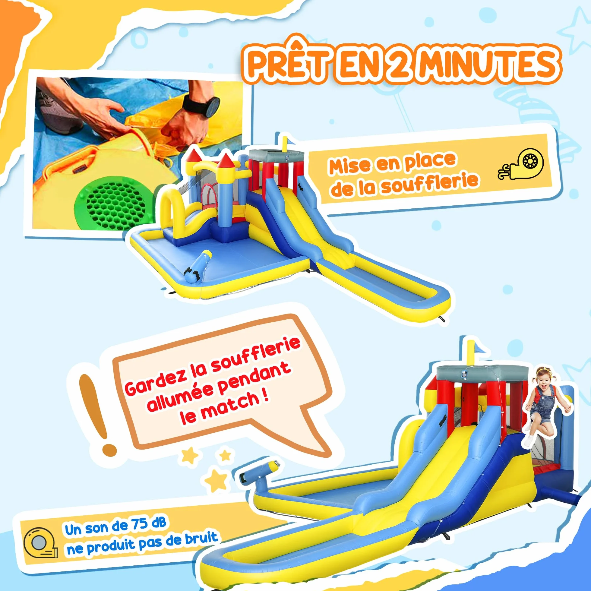 AIYAPLAY Château Gonflable 6 en 1 Parc Aquatique avec Toboggans, Trampoline, Mur d'escalade, Canon, Panier de Basket, pour 4 Enfants 3-8 Ans