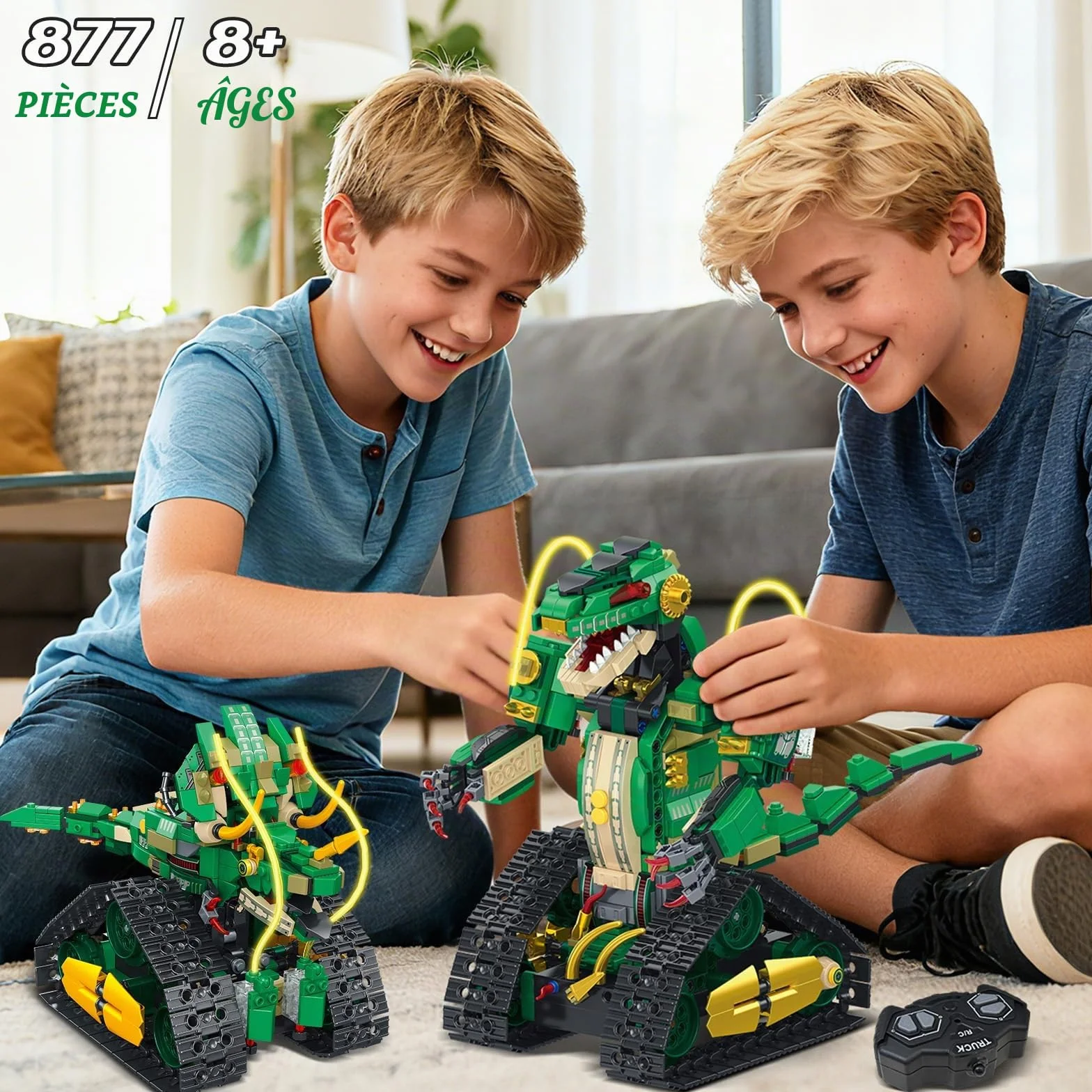 HiWEEGO Jouet de Construction Dinosaure Télécommandé 5 en 1 877 Pièces Robot Rechargeable