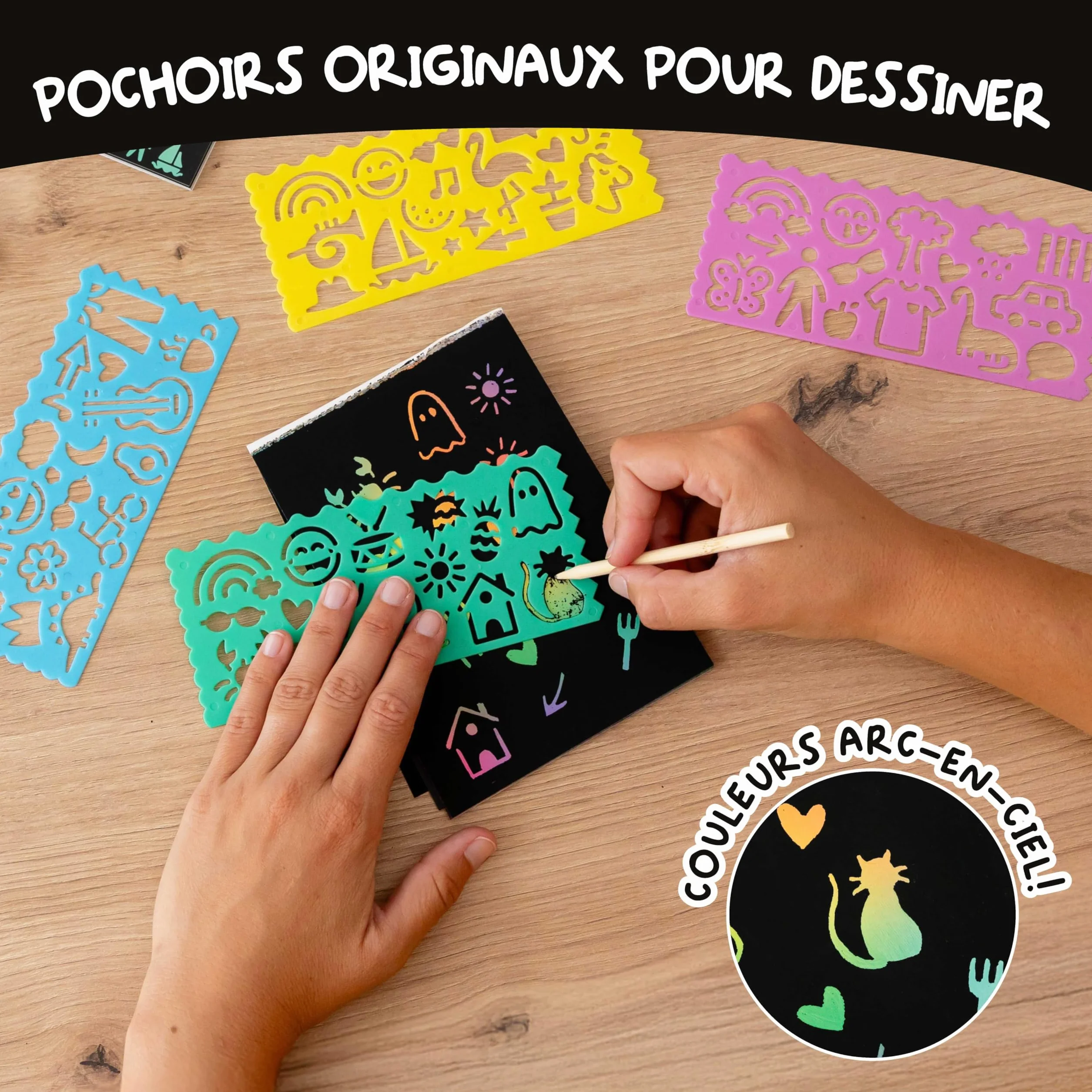 BONNYCO Carte a Gratter Enfant 16 Sets avec Carnet, Pochoir et Stylet en Bois
