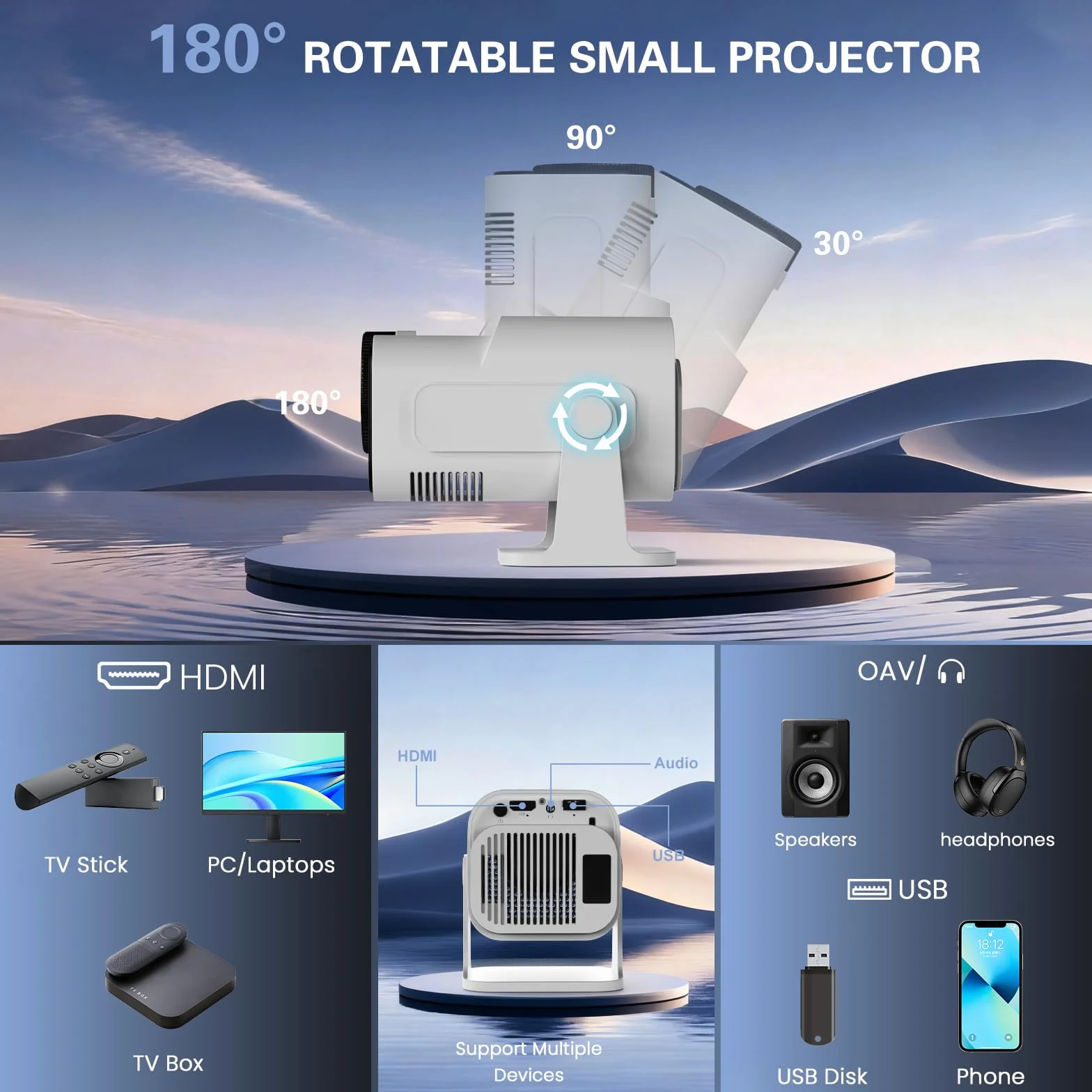 Vidéoprojecteur 4K 1080P Mini Portable WiFi 6 BT 5.4 Full HD Blanc