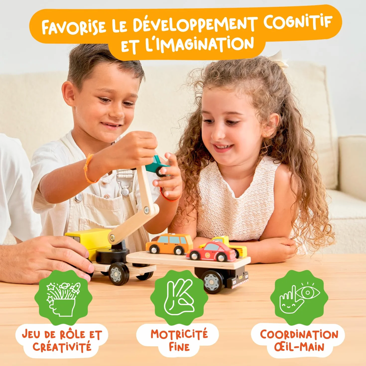 Camion Magnétique en Bois Nene Toys avec 4 Voitures et Grue – Jouet Montessori dès 2 Ans – Véhicules Interactifs Éducatifs