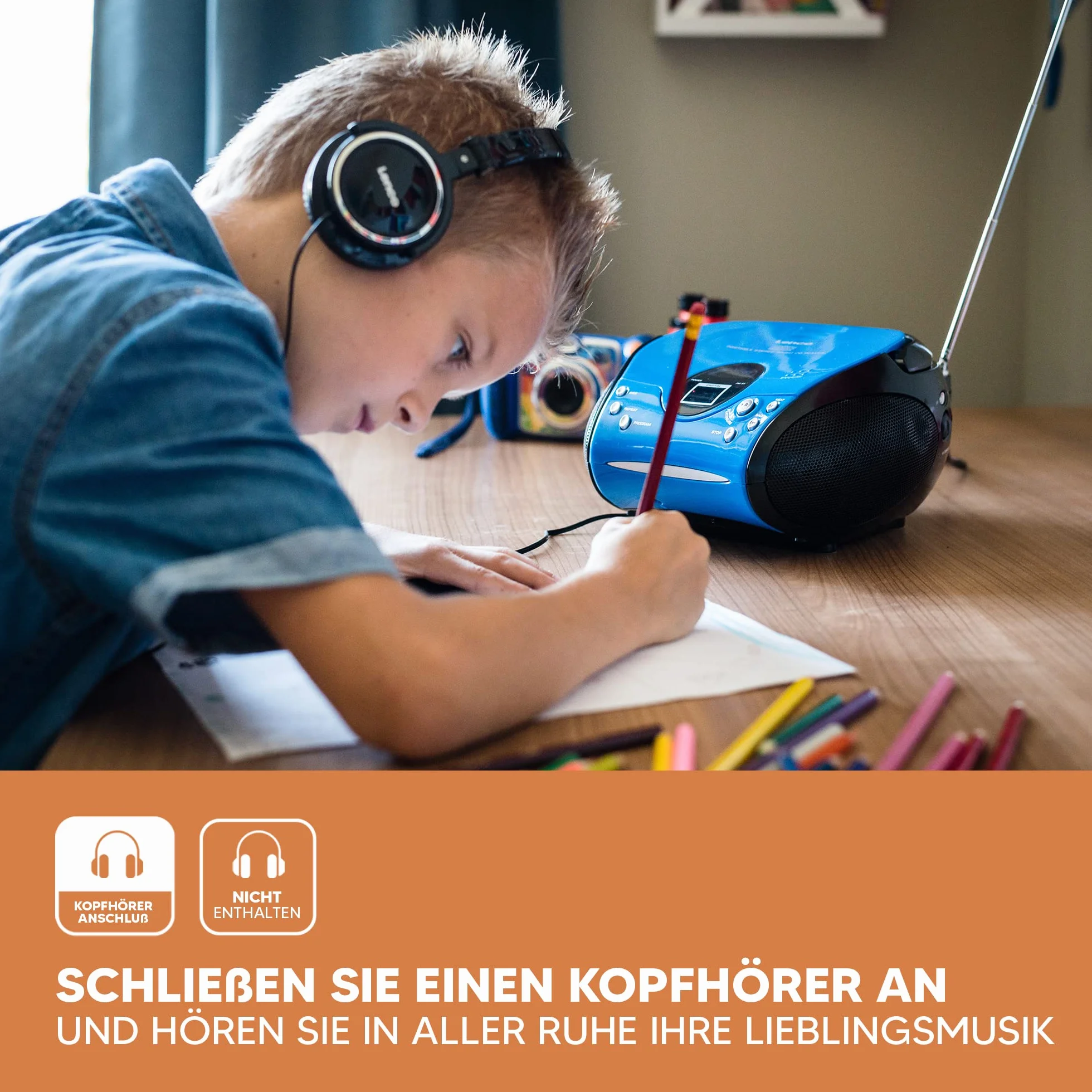 Lenco SCD-24 Radio Lecteur CD Enfant Chaîne Stéréo avec Prise Casque, Écran LCD, Batterie, Alimentation - Bleu
