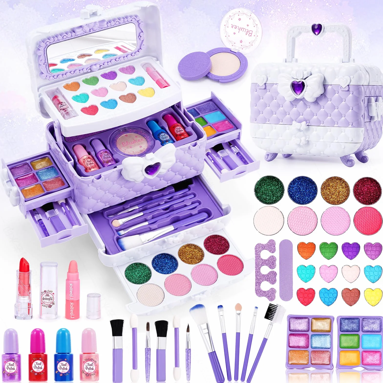 Chennyfun 53 Pcs Maquillage Enfant Jouet Filles, Lavable Malette Maquillage Valise Beauté Cadeau Noël Anniversaire 3-7+ Ans